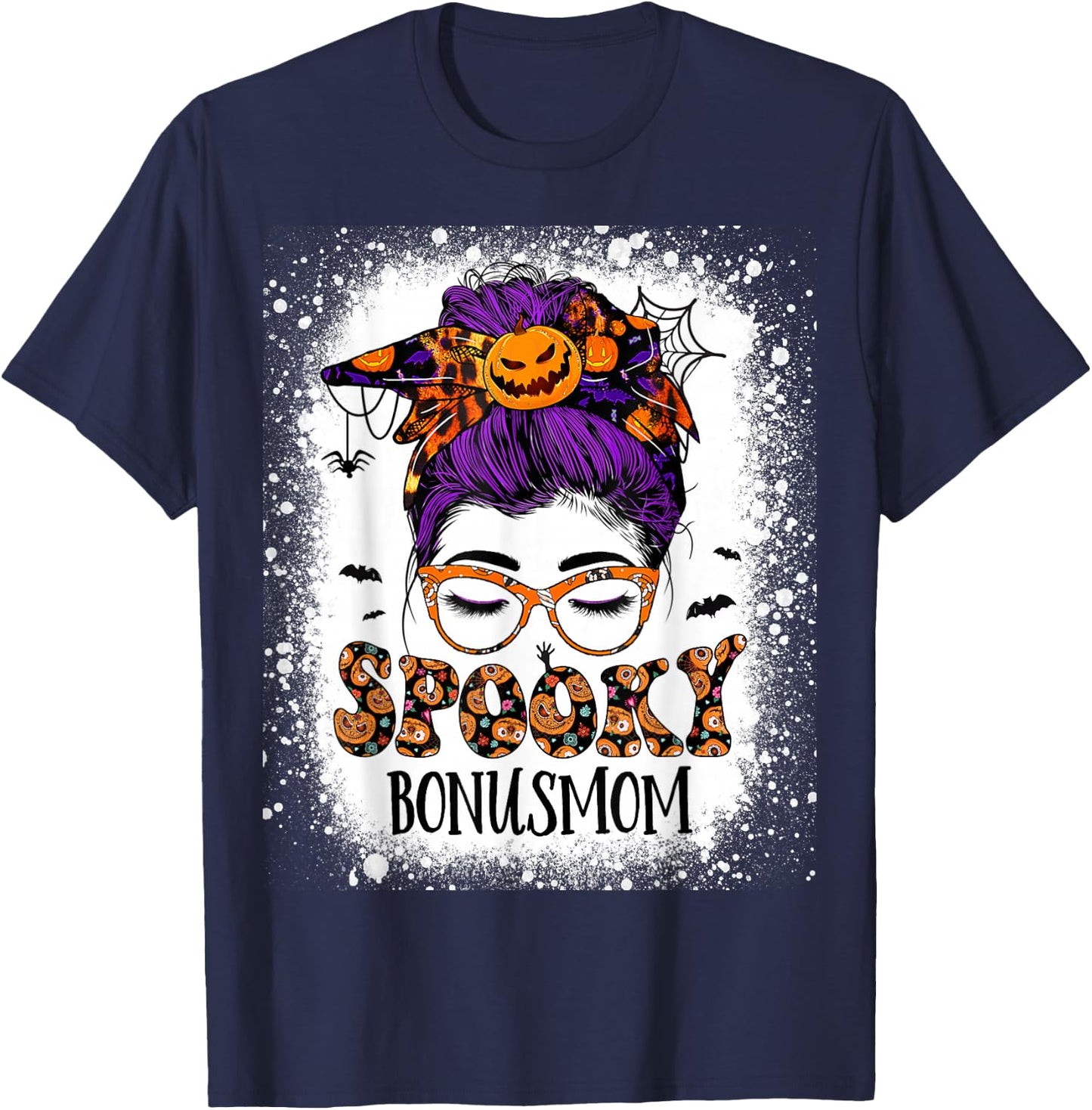Spooky Bonus mom Halloween Messy Hair Woman Bun Bleached T-Shirt - T-Shirt | Navy