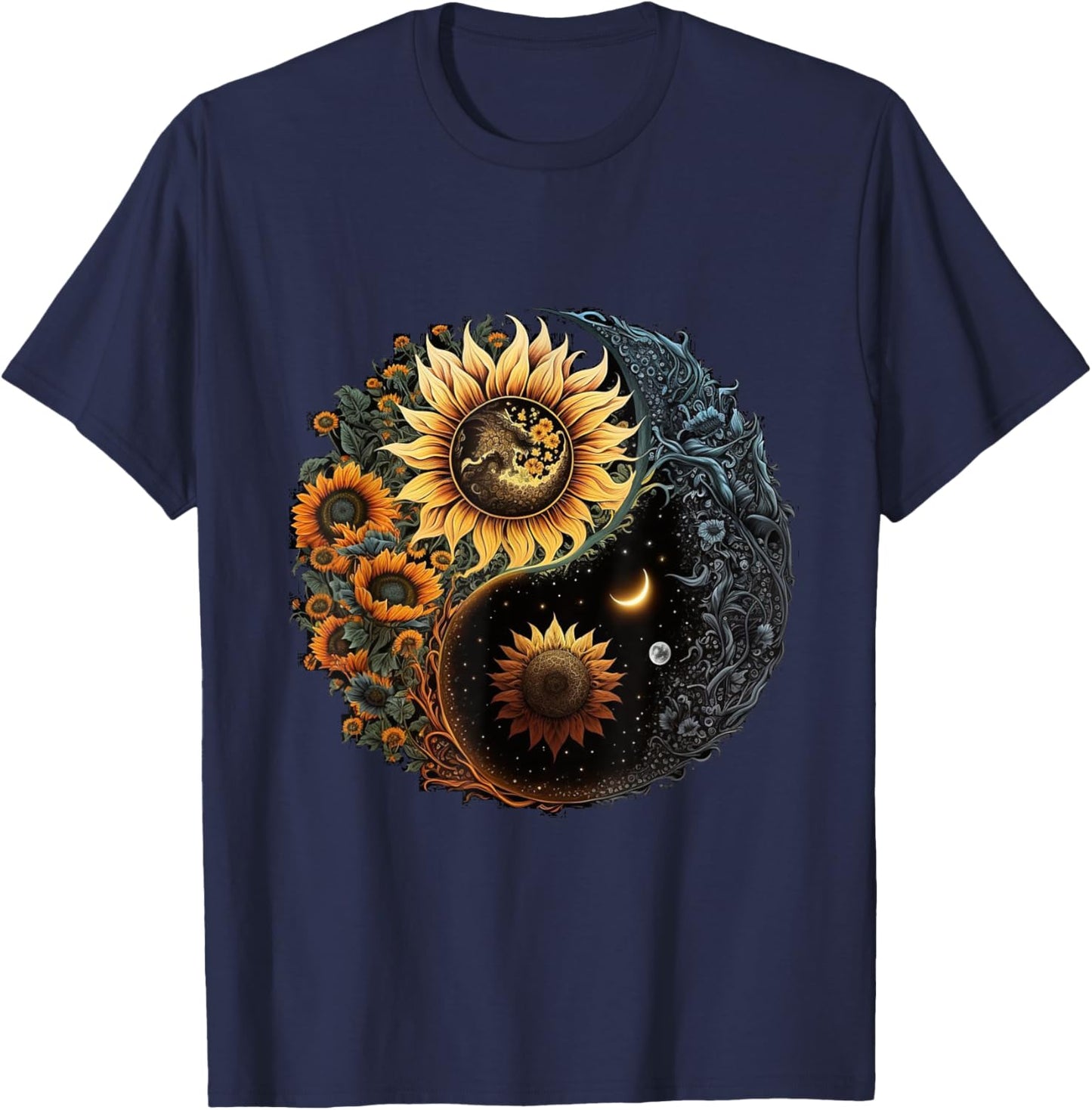 Yin And Yang Aesthetic Sunflower And Crescent Moon Art T-Shirt - T-Shirt | Navy