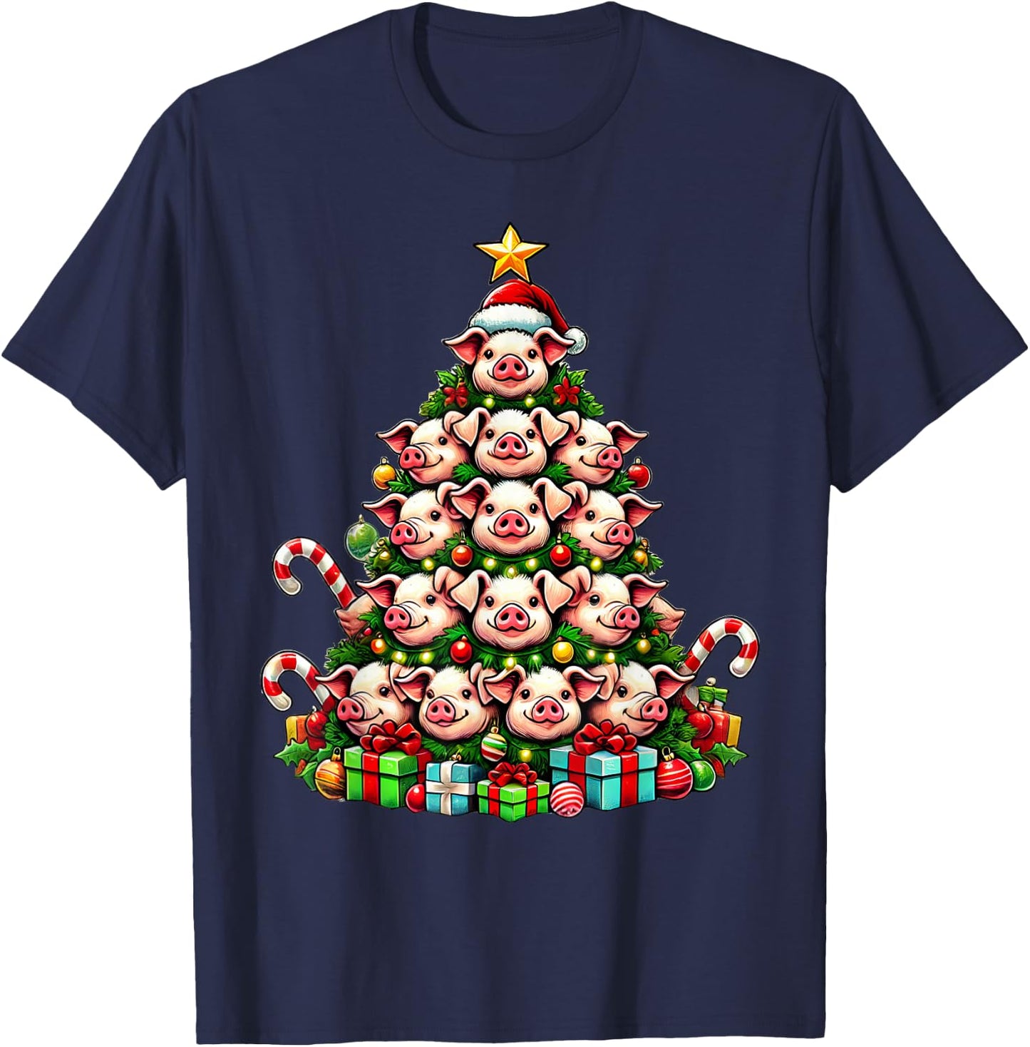Pig Christmas Tree Funny Pig Xmas T-Shirt - T-Shirt | Navy