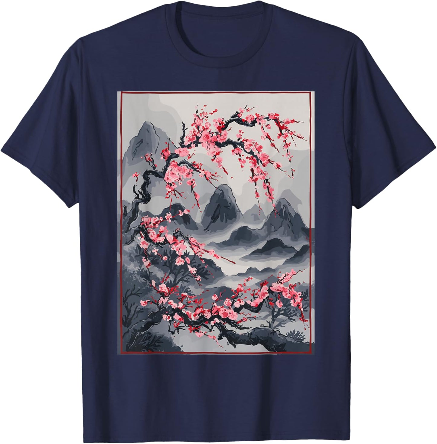 Vintage Cherry Blossom Landscape - Japanese Graphical Art T-Shirt - T-Shirt | Navy