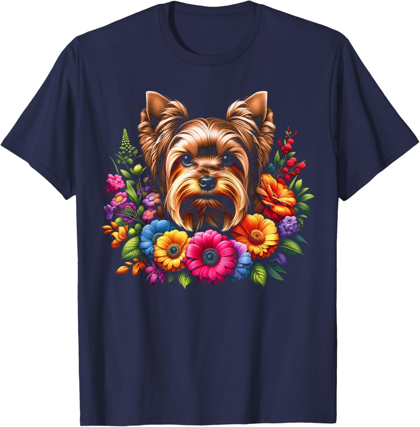 MyAnimal - Your Favourite Animal Wear Cute Yorkshire Terrier Portrait in Colourful Flowers , Small, Black T-Shirt - T-Shirt | Navy