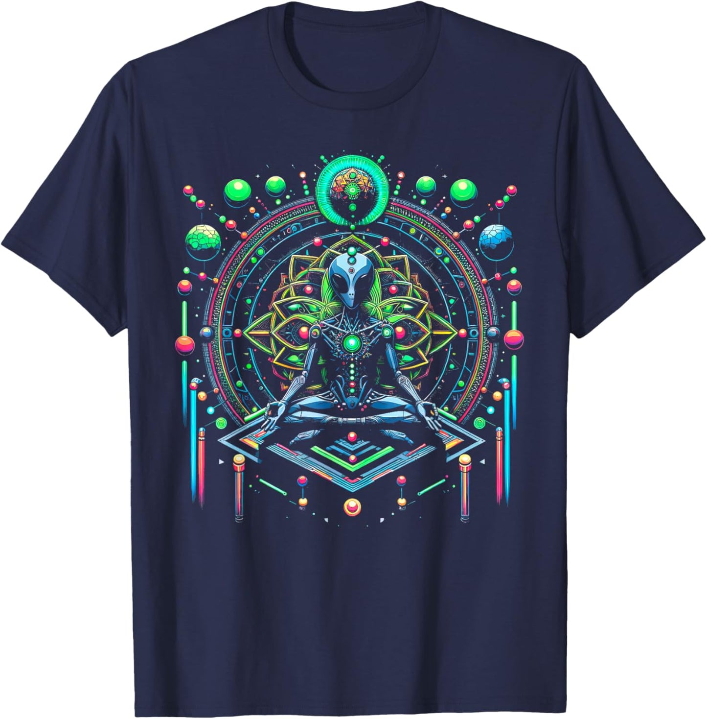 Meditation Alien with Geometric Pattern Art T-Shirt - T-Shirt | Navy