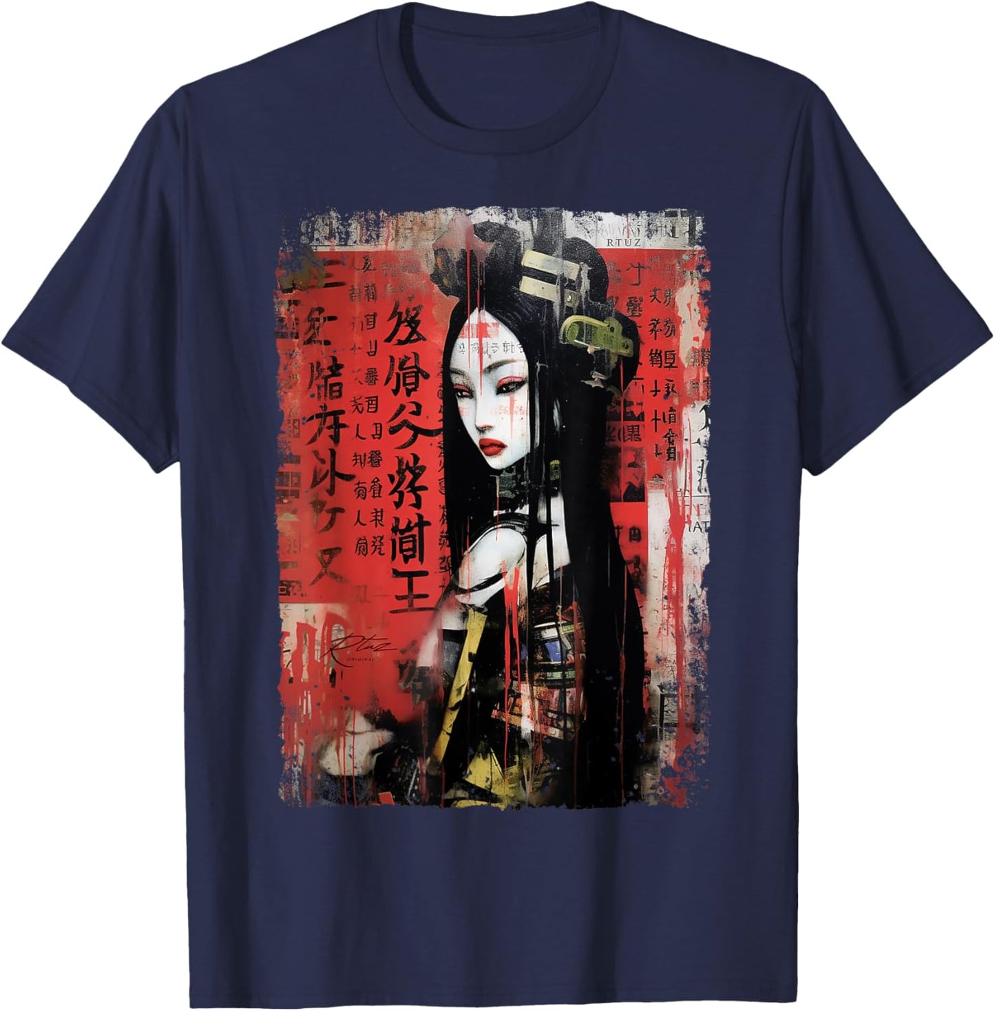Hip Hop Y2K Vintage Hipster Edgy Urban Streetwear Geisha T-Shirt - T-Shirt | Navy