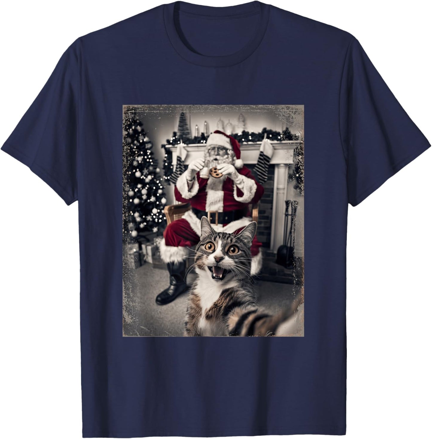 Funny Xmas Cat Selfie Santa Ugly Sweater Christmas Outfit T-Shirt - T-Shirt | Navy