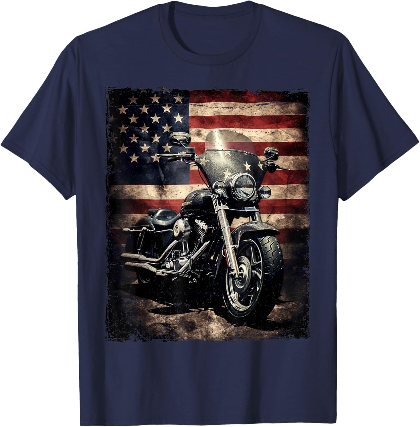 Vintage Motorcycle USA Flag Retro Biker American T-Shirt - T-Shirt | Navy