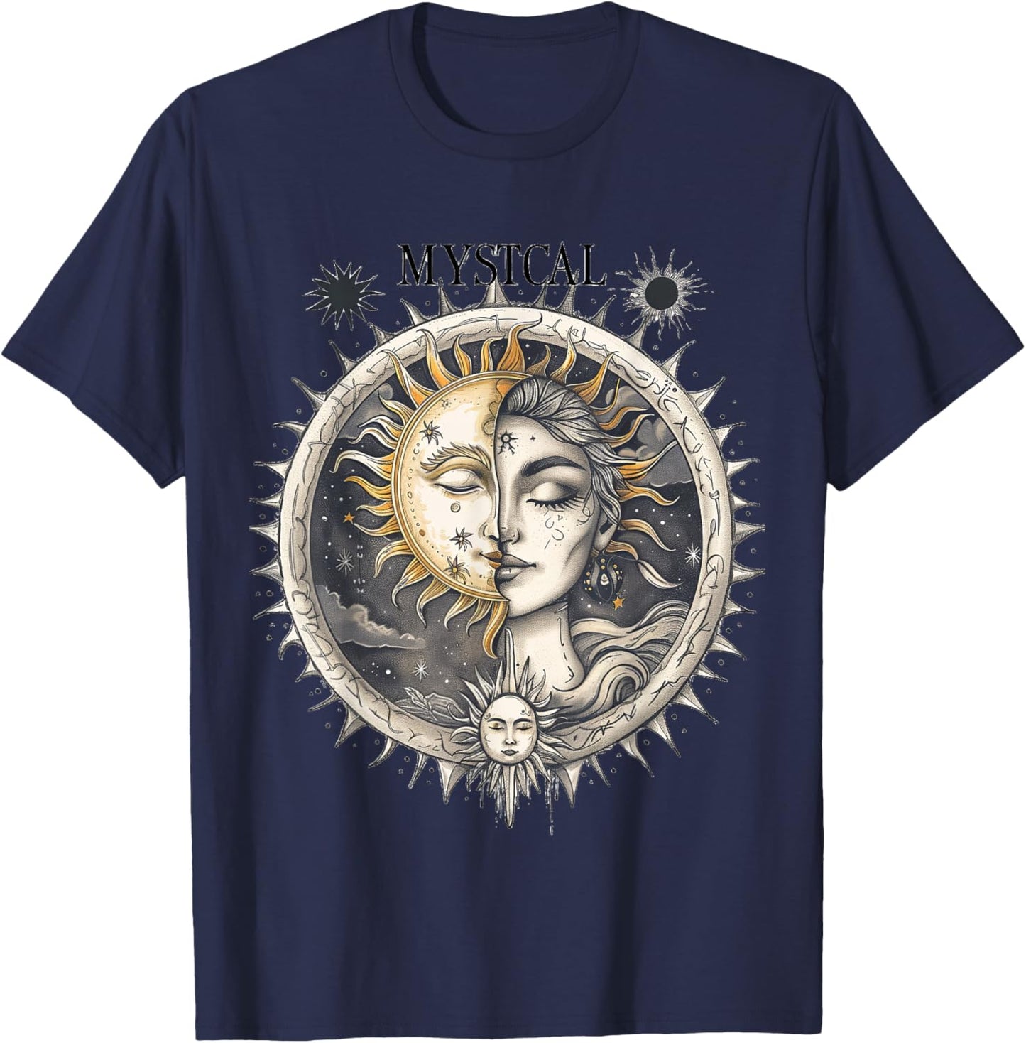 Mystical Sun and Moon with Woman Mystical Flowers Aesthetic T-Shirt - T-Shirt | Navy