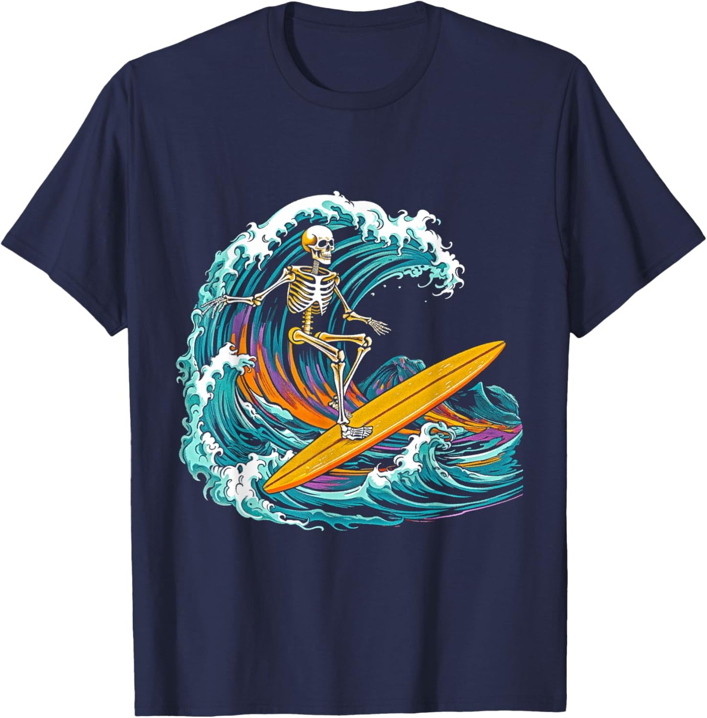 Skull Skeleton Surfer Wave Beach Vintage Funny 80s 80s T-Shirt - T-Shirt | Navy