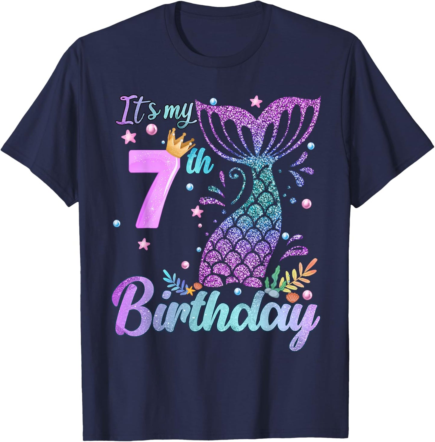 It's My 7th Birthday Mermaid Girl Theme 7 Years Old T-Shirt - T-Shirt | Navy