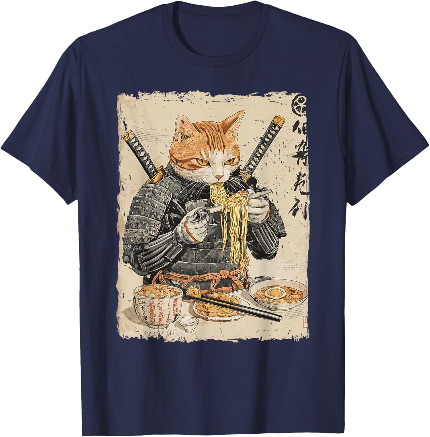 Samurai Cat Loves Ramen Funny Anime Japanese Artwork Samurai T-Shirt - T-Shirt | Navy