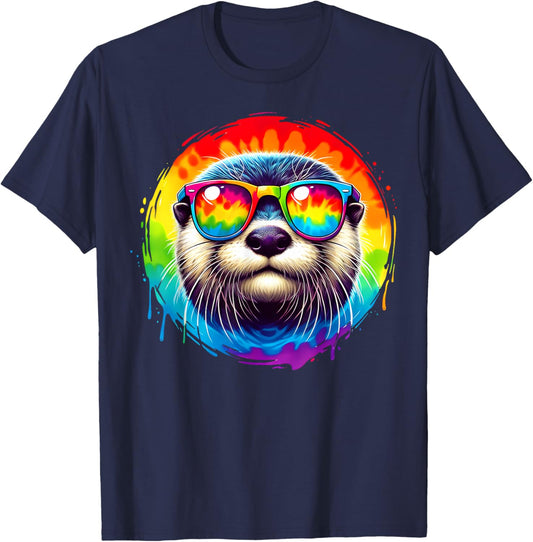 Cool Tie Dye Sunglasses Otter Illustration Art T-Shirt - T-Shirt | Navy