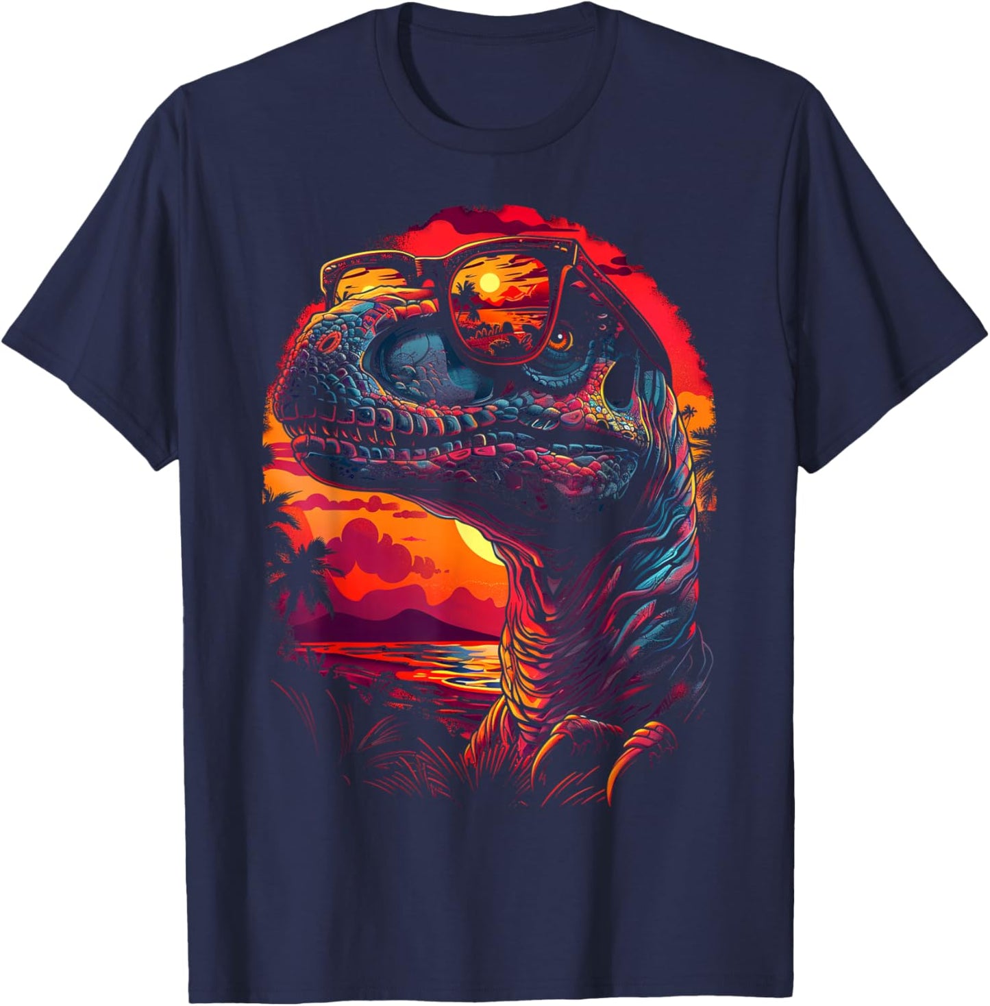 Dinosaur Wearing Shades Funny Vintage Graphic T-Shirt - T-Shirt | Navy