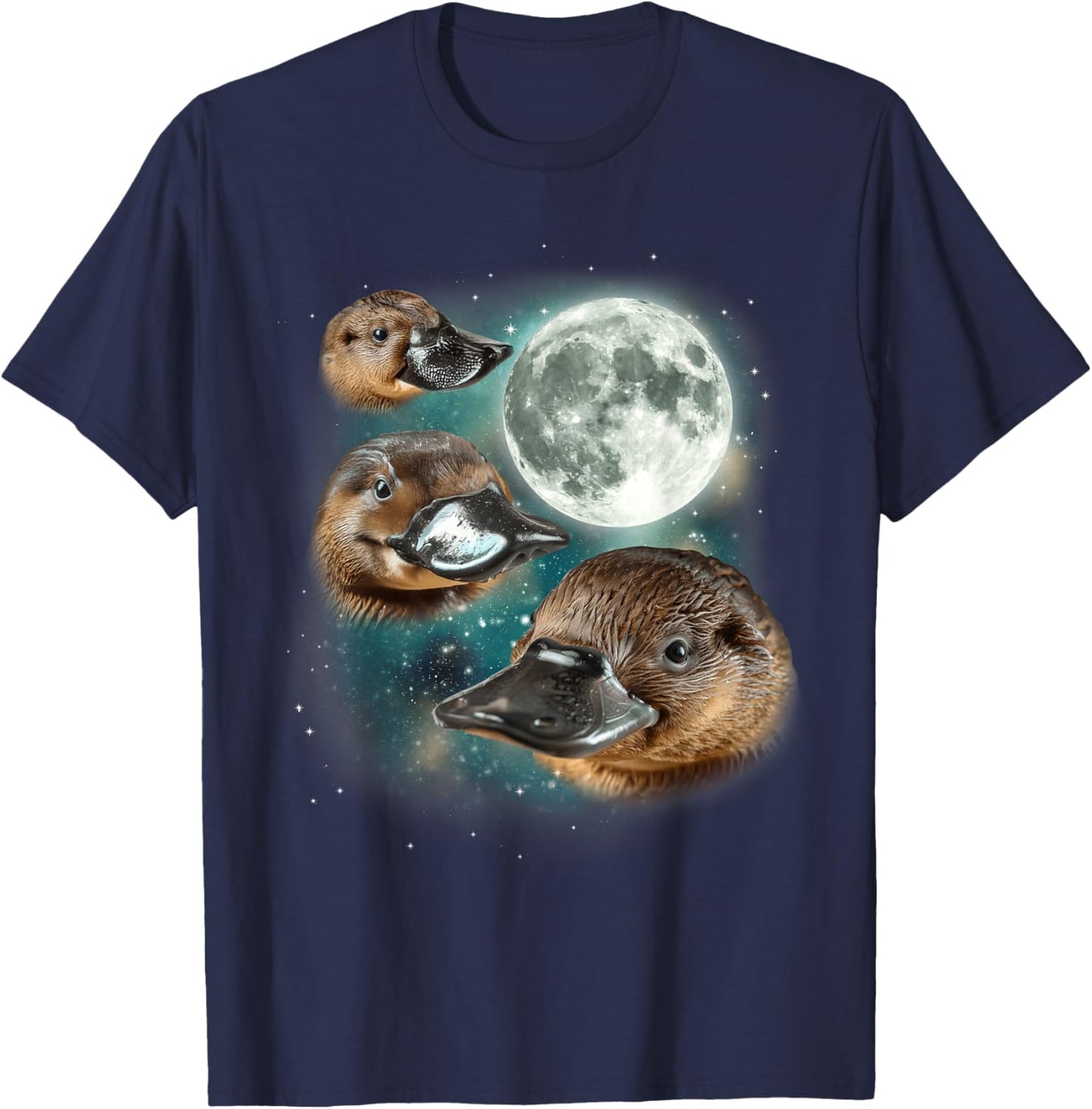 Three Platypus Moon | Funny Cursed Meme Design T-Shirt - T-Shirt | Navy