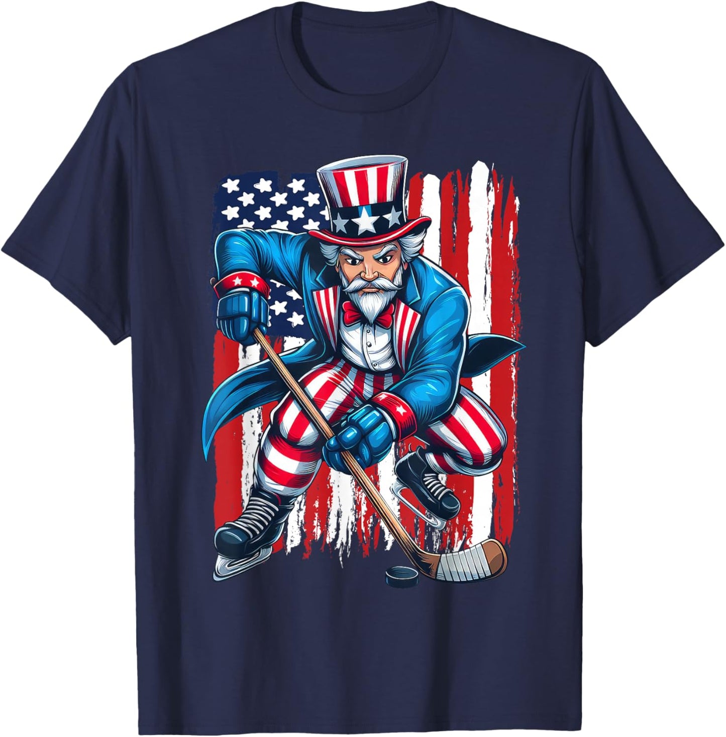 Uncle Sam Hockey Player 4th of July American Flag T-Shirt - T-Shirt | Navy