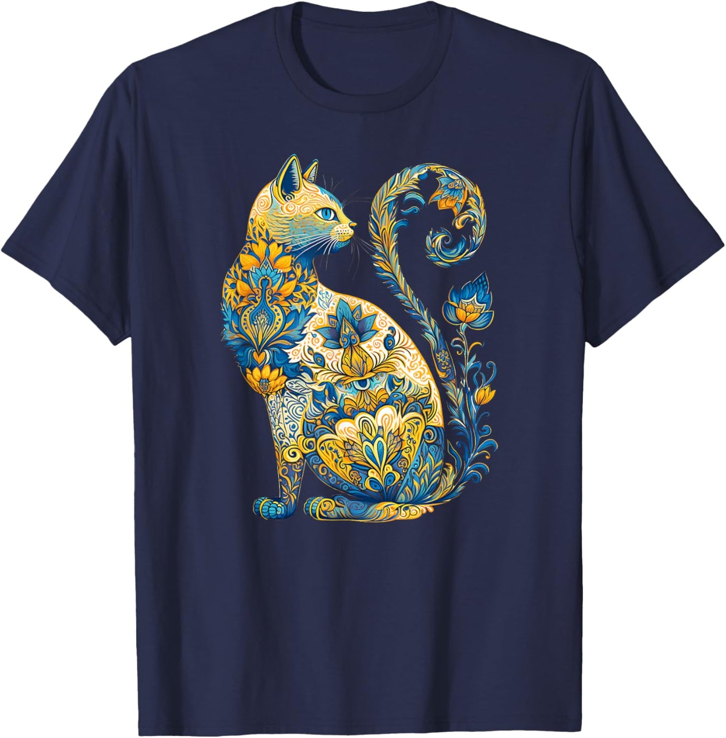 Ukrainian Cat Floral Vintage Ukraine Flag & Vyshyvanka Style T-Shirt - T-Shirt | Navy
