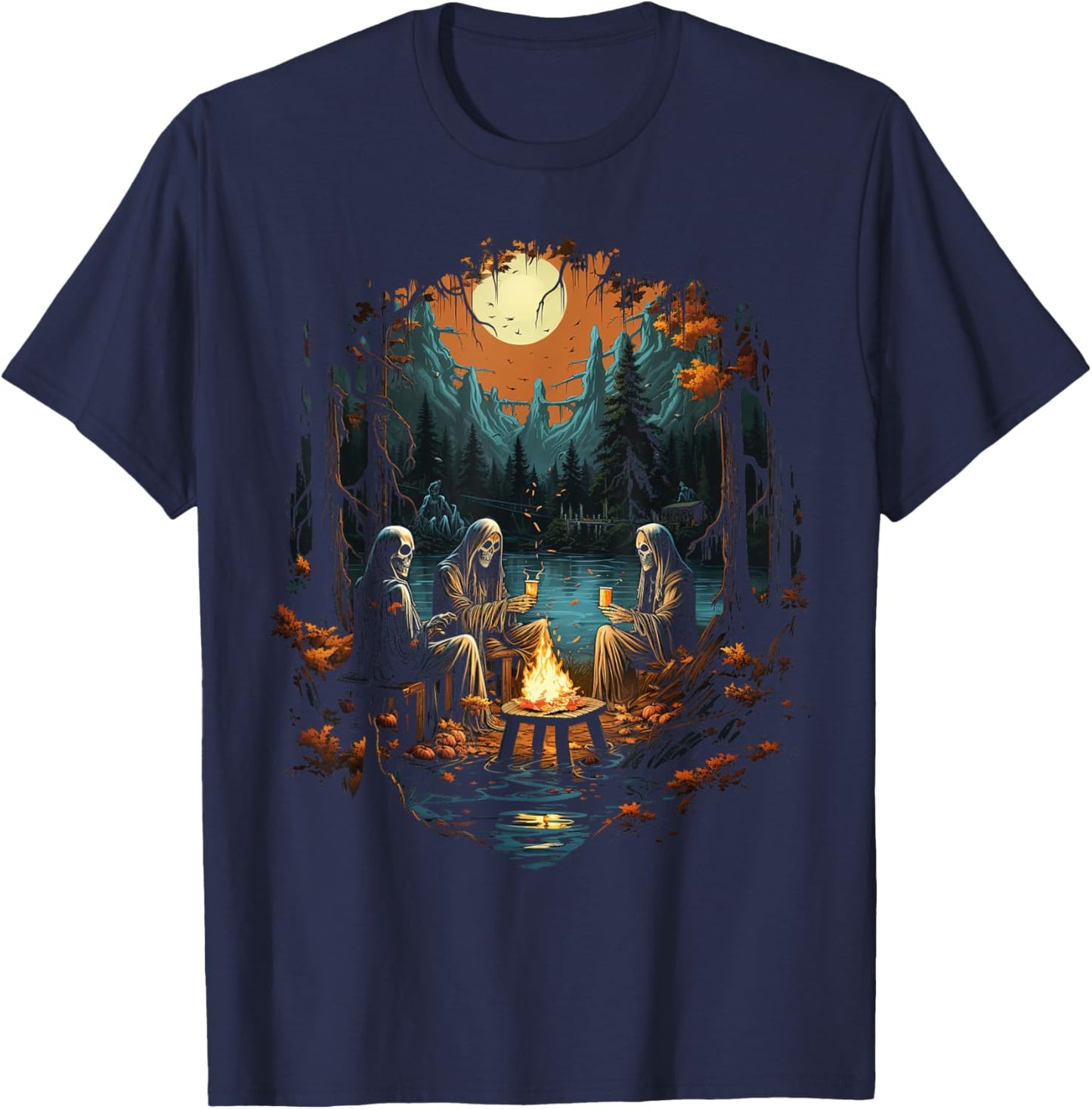 Vintage Ghost and Skeleton by Fire Camping Gothic Halloween T-Shirt - T-Shirt | Navy