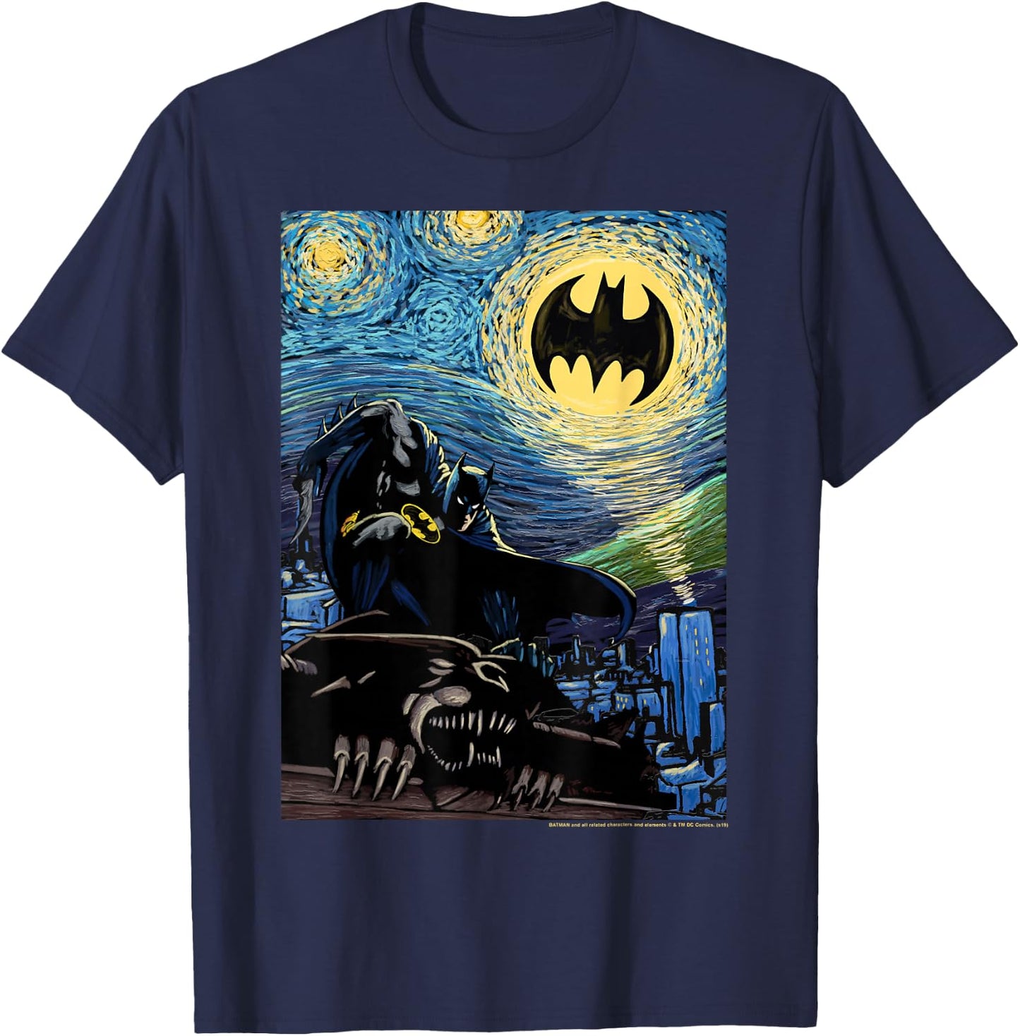 DC Comics Batman The Dark Knight Starry Night Style Poster T-Shirt - T-Shirt | Navy
