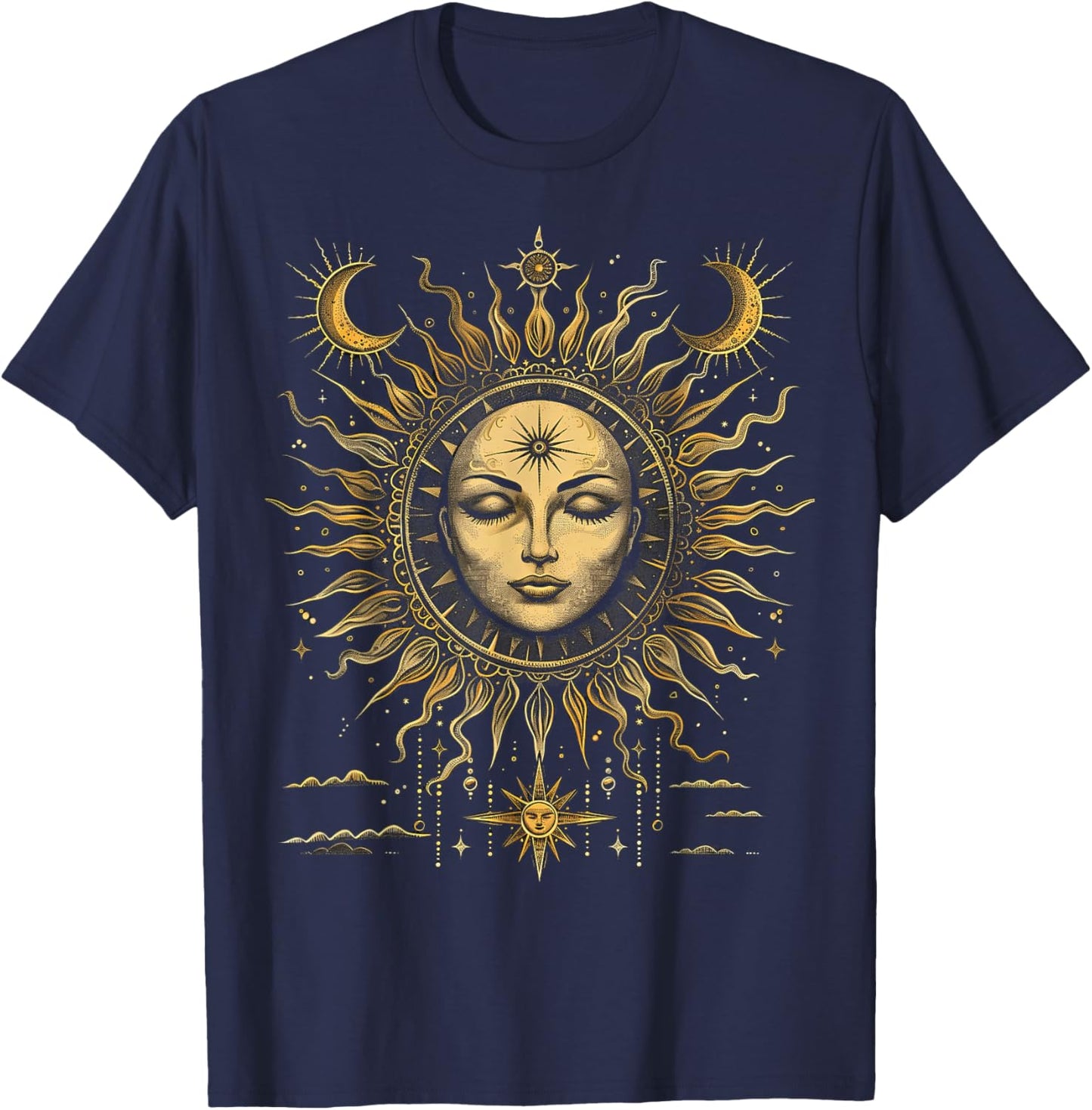 Mystic Sun and Moon Woman Mystical Flowers Aesthetic T-Shirt - T-Shirt | Navy