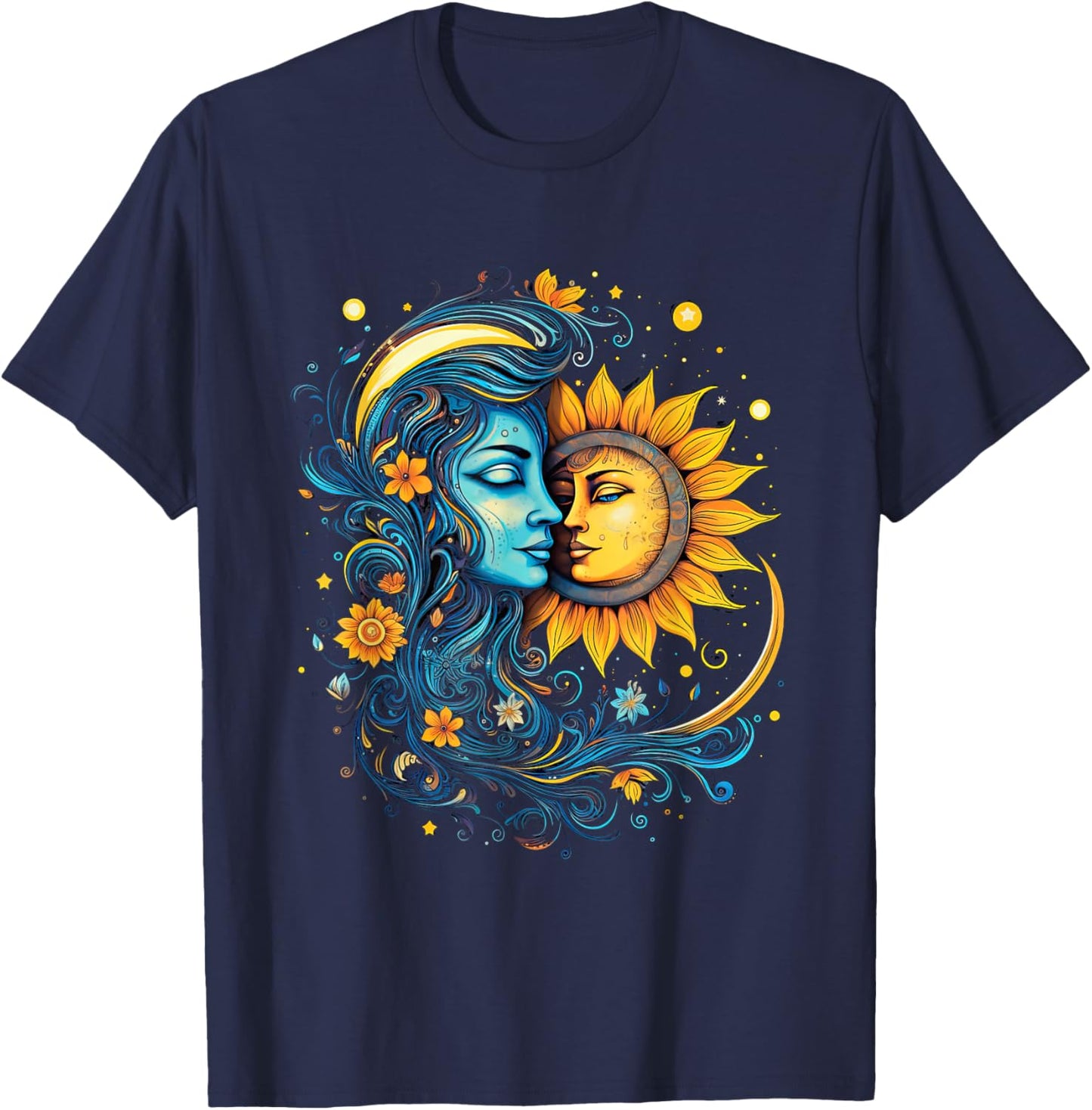 Mystic Sun and Moon Woman Mystical Flowers Aesthetic T-Shirt - T-Shirt | Navy