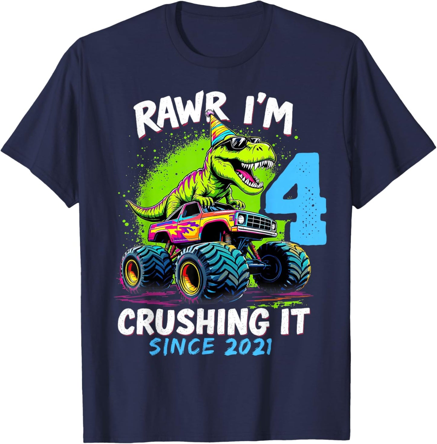 4th Birthday Monster Truck Dinosaur Party Boys Rawr I'm 4 T-Shirt - T-Shirt | Navy