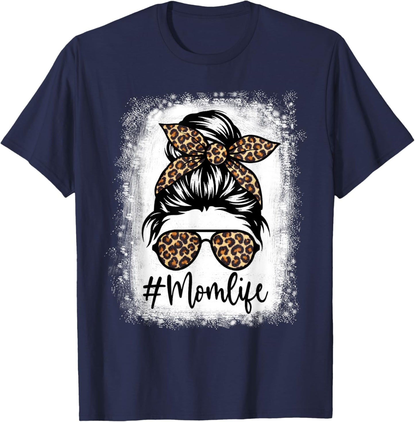 Women Mom Life Bleached Shirt Mom Life Leopard Messy Bun T-Shirt - T-Shirt | Navy