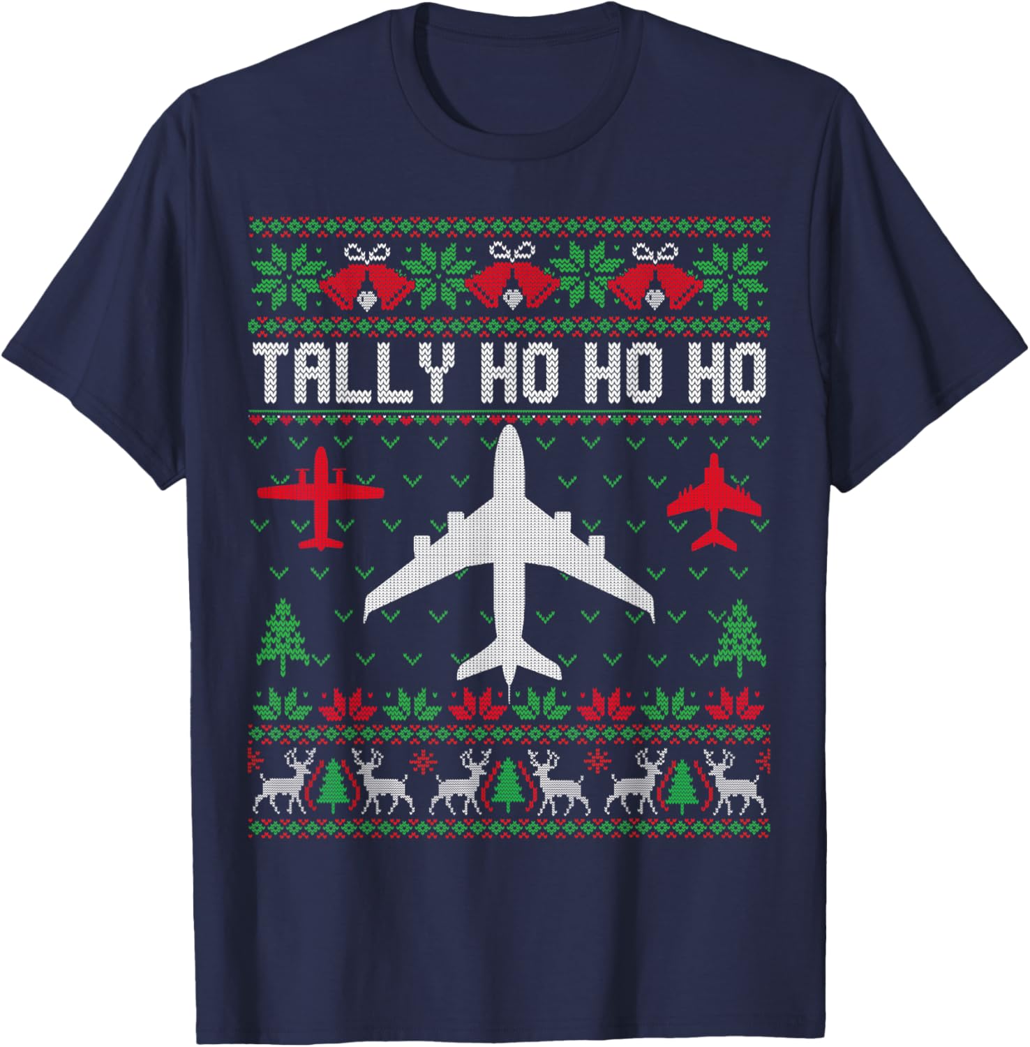 Spitfire Christmas Ugly Jumper Style Airplane Aircraft Plane T-Shirt - T-Shirt | Navy