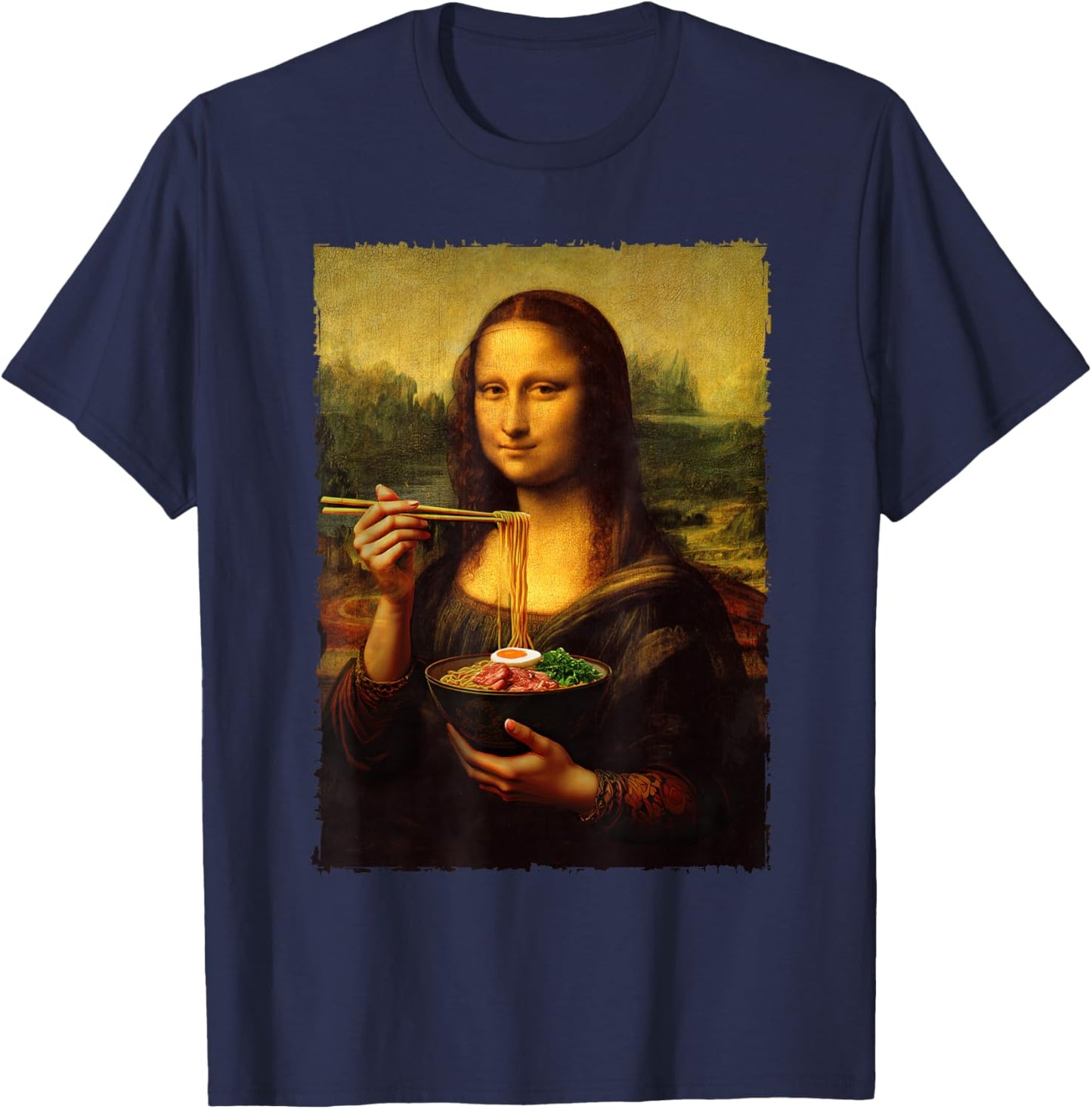 Mona Lisa Eating Japanese Noodles Ramen Art Teacher , Black, S T-Shirt - T-Shirt | Navy