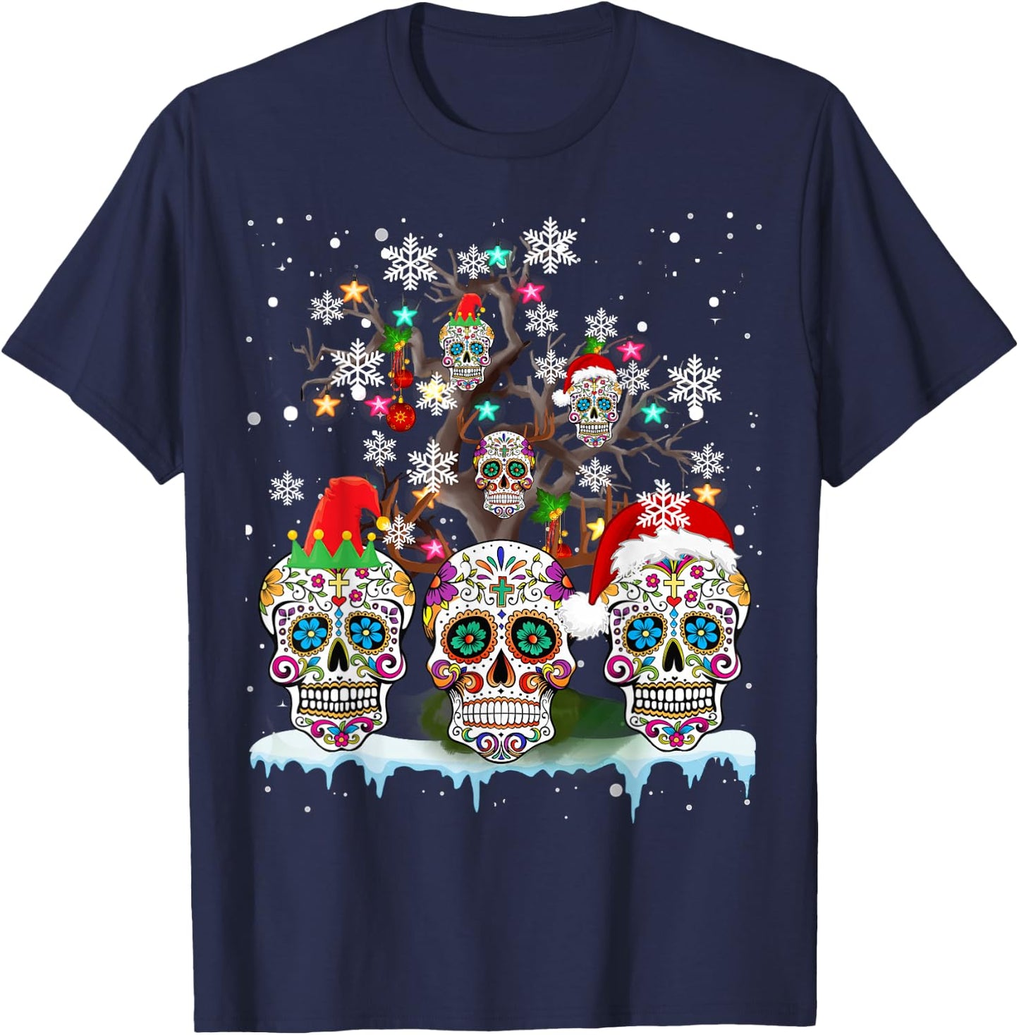 Christmas Sugar Skull On Tree Funny Santa Sugar Skull Gifts T-Shirt - T-Shirt | Navy