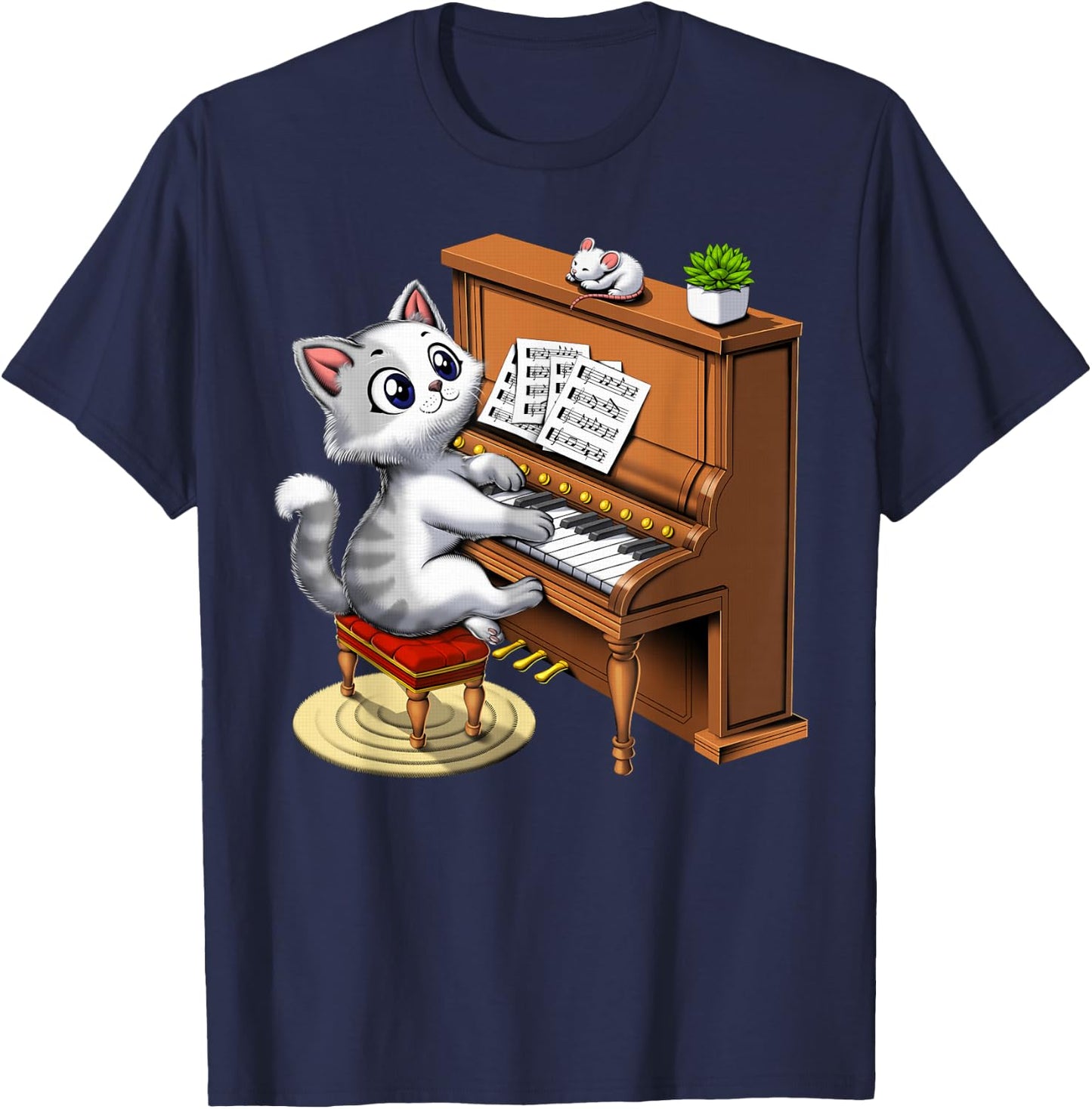 Cat Playing Piano Pianist Musician Classical Music Funny T-Shirt - T-Shirt | Navy