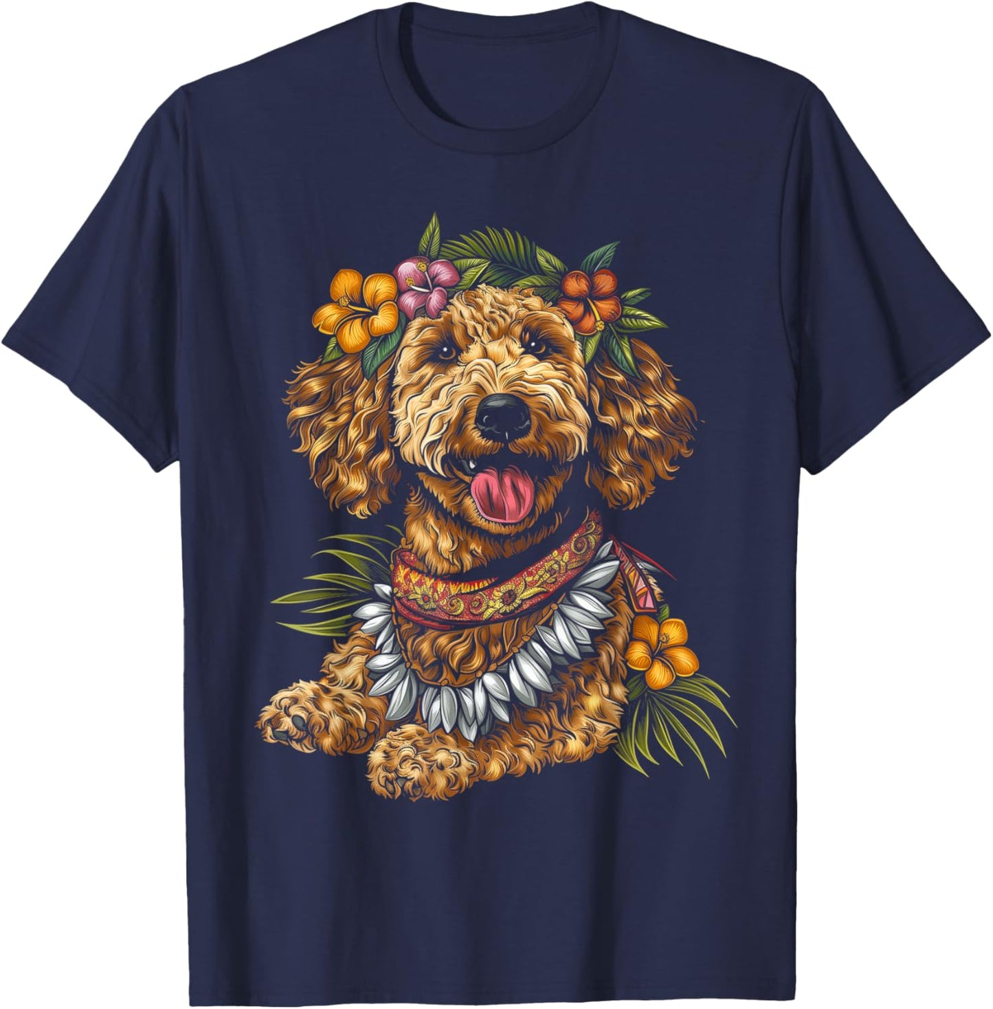 Goldendoodle Hawaiian Flowers Hibiscus Funny Doodle Mom T-Shirt - T-Shirt | Navy