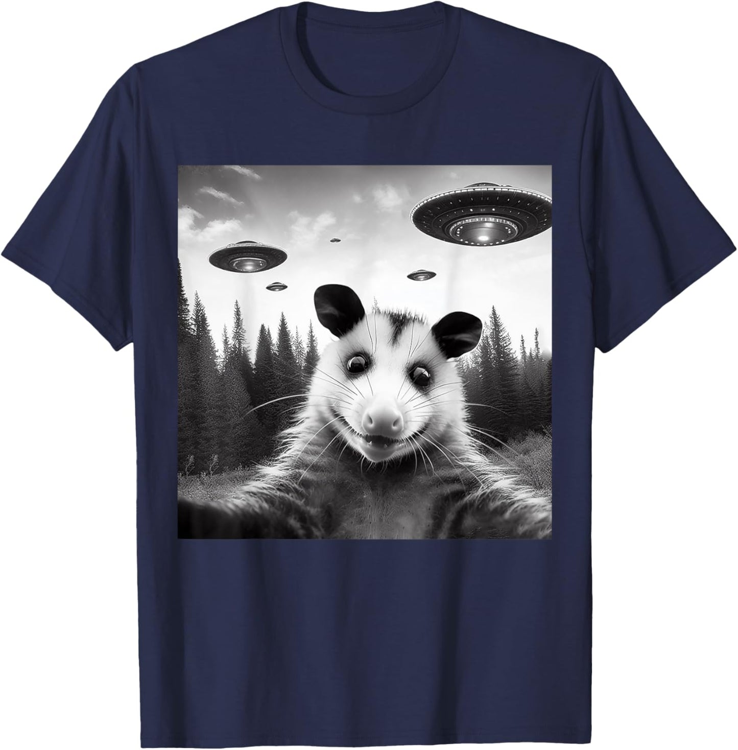 Opossum Selfie With Alien UFO Funny Gifts Women Kid T-Shirt - T-Shirt | Navy