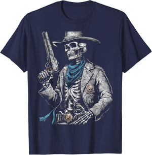 Outlaw Wild West Skeleton Cowboy Gunslinger T-Shirt - T-Shirt | Navy