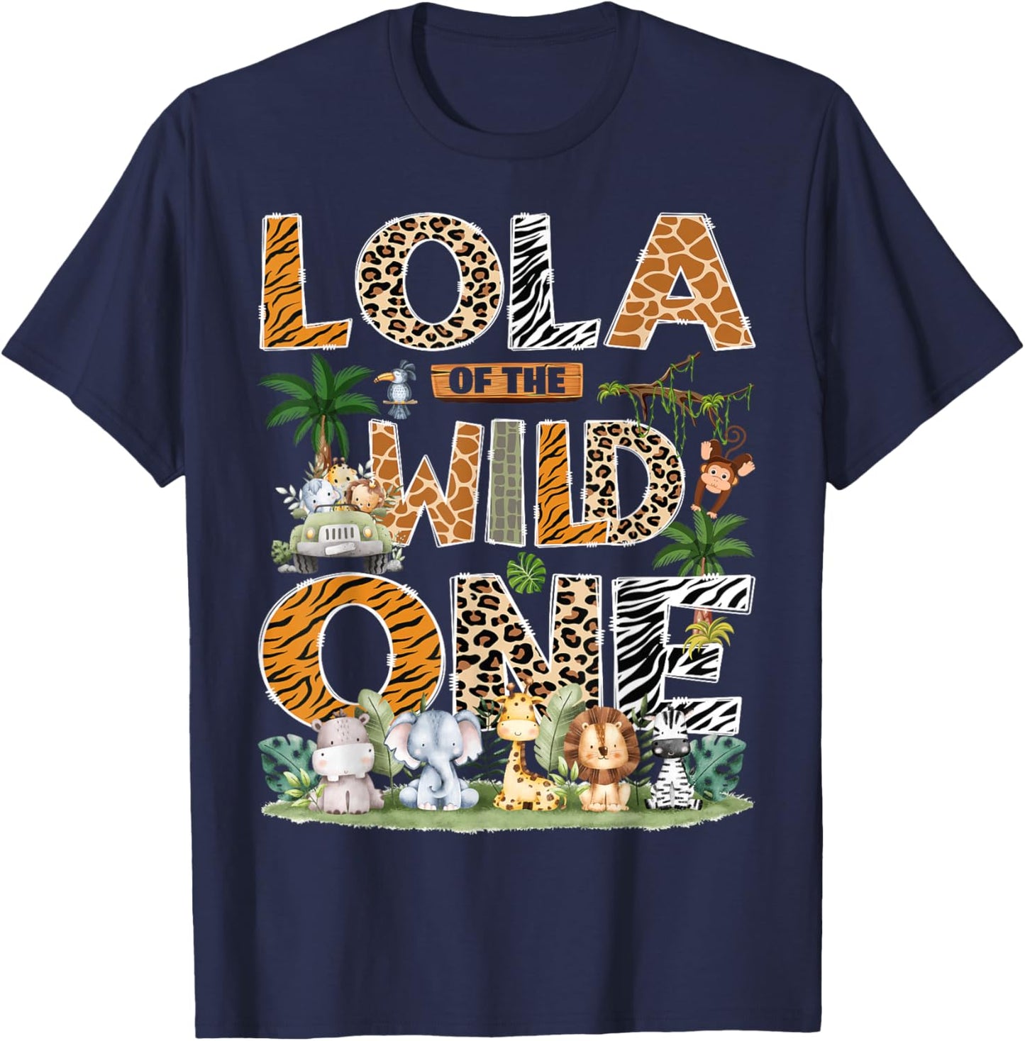 Lola of The Wild One Safari Jungle Zoo 1st Birthday Boy T-Shirt - T-Shirt | Navy