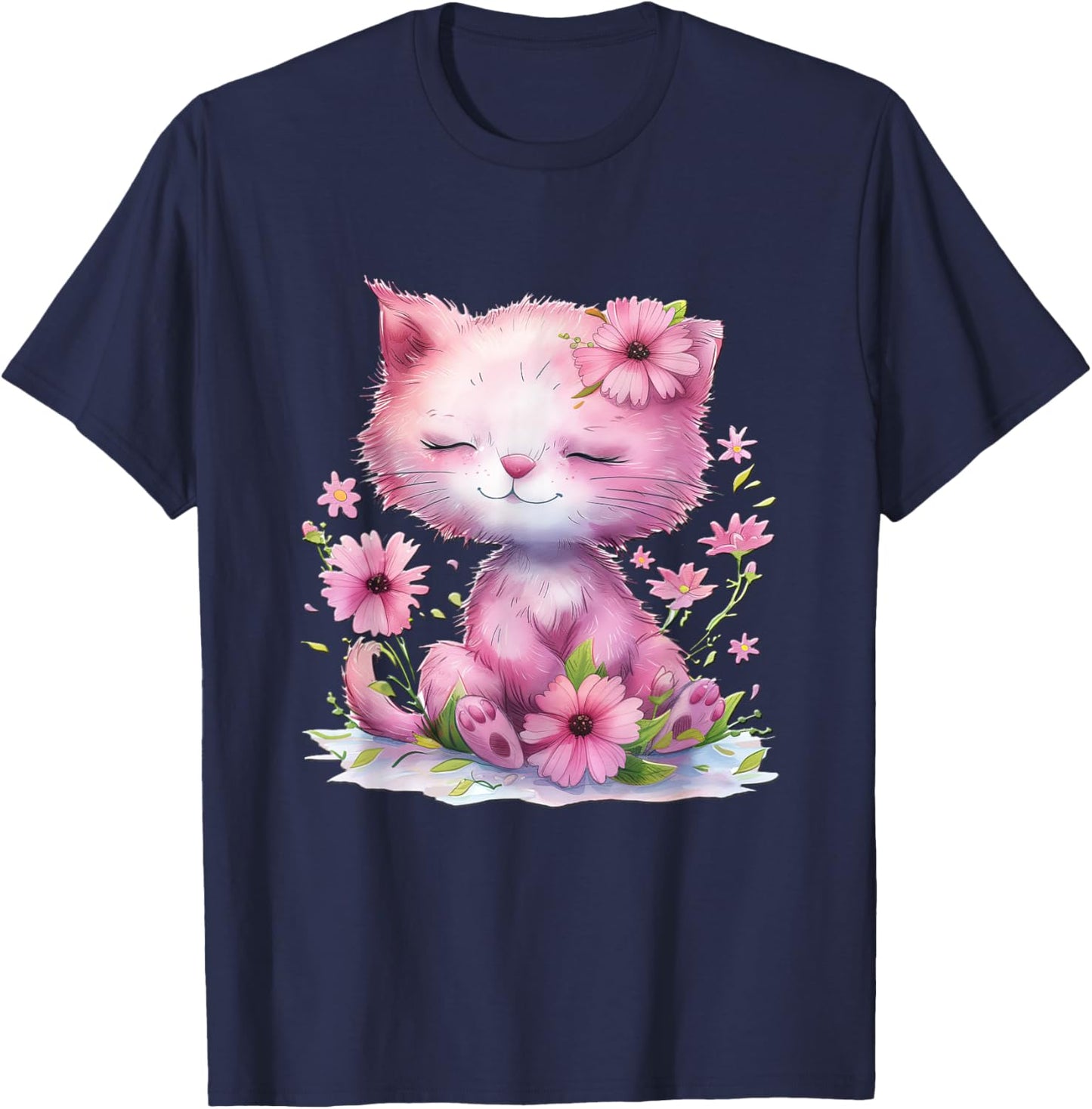 Cat with Flowers Cute Cats Forest Kitten Animal Daughter T-Shirt - T-Shirt | Navy