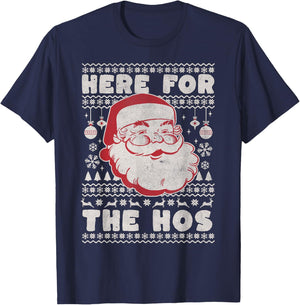 Retro Ugly Christmas Funny Holiday Santa Here for the Hos T-Shirt - T-Shirt | Navy