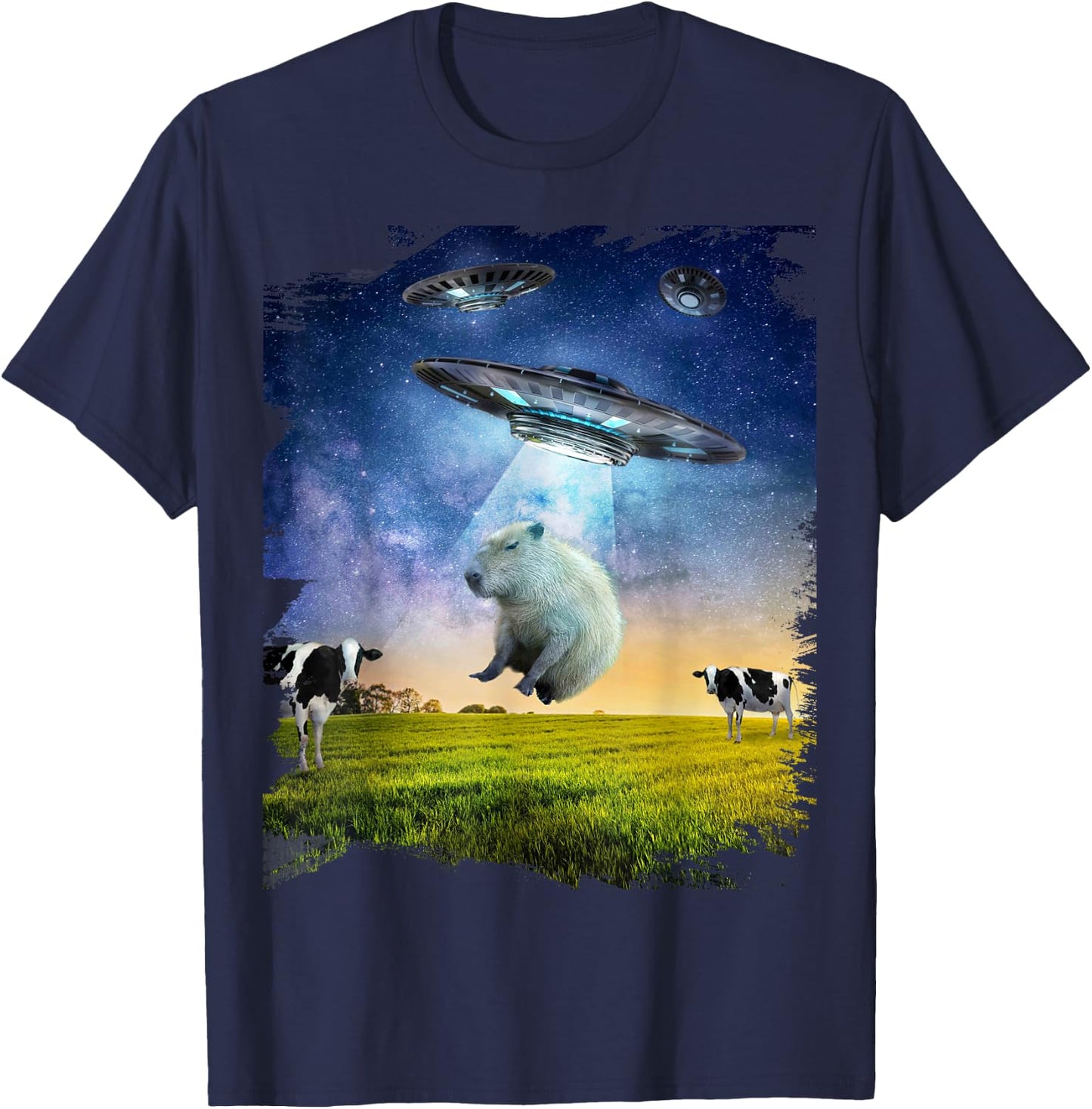 Random Galaxy Capybara UFO Abduction Abducting Funny , Men's -Adults, Black, Small, Short Sleeve, Regular Fit, Cotton, Polyester T-Shirt - T-Shirt | Navy