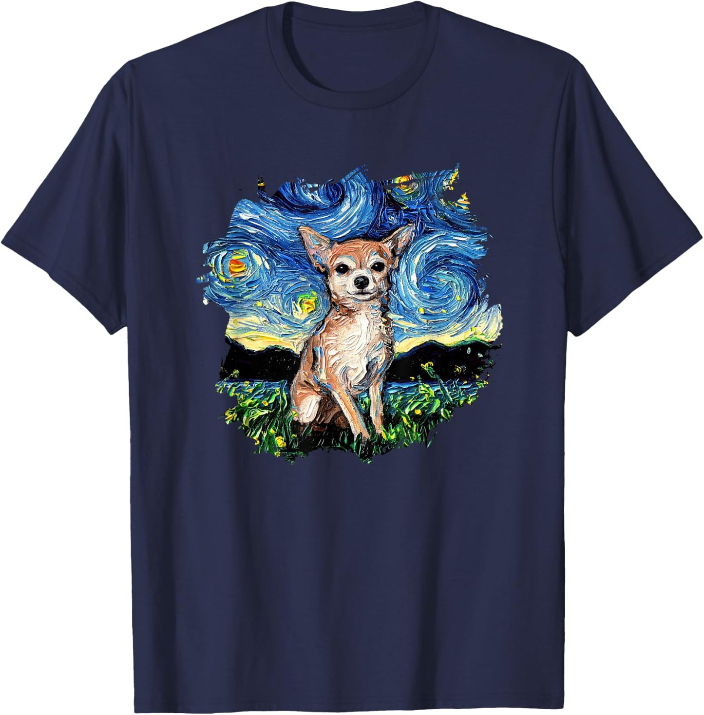 Tan Chihuahua Starry Night Impressionist Dog Art by Aja T-Shirt - T-Shirt | Navy