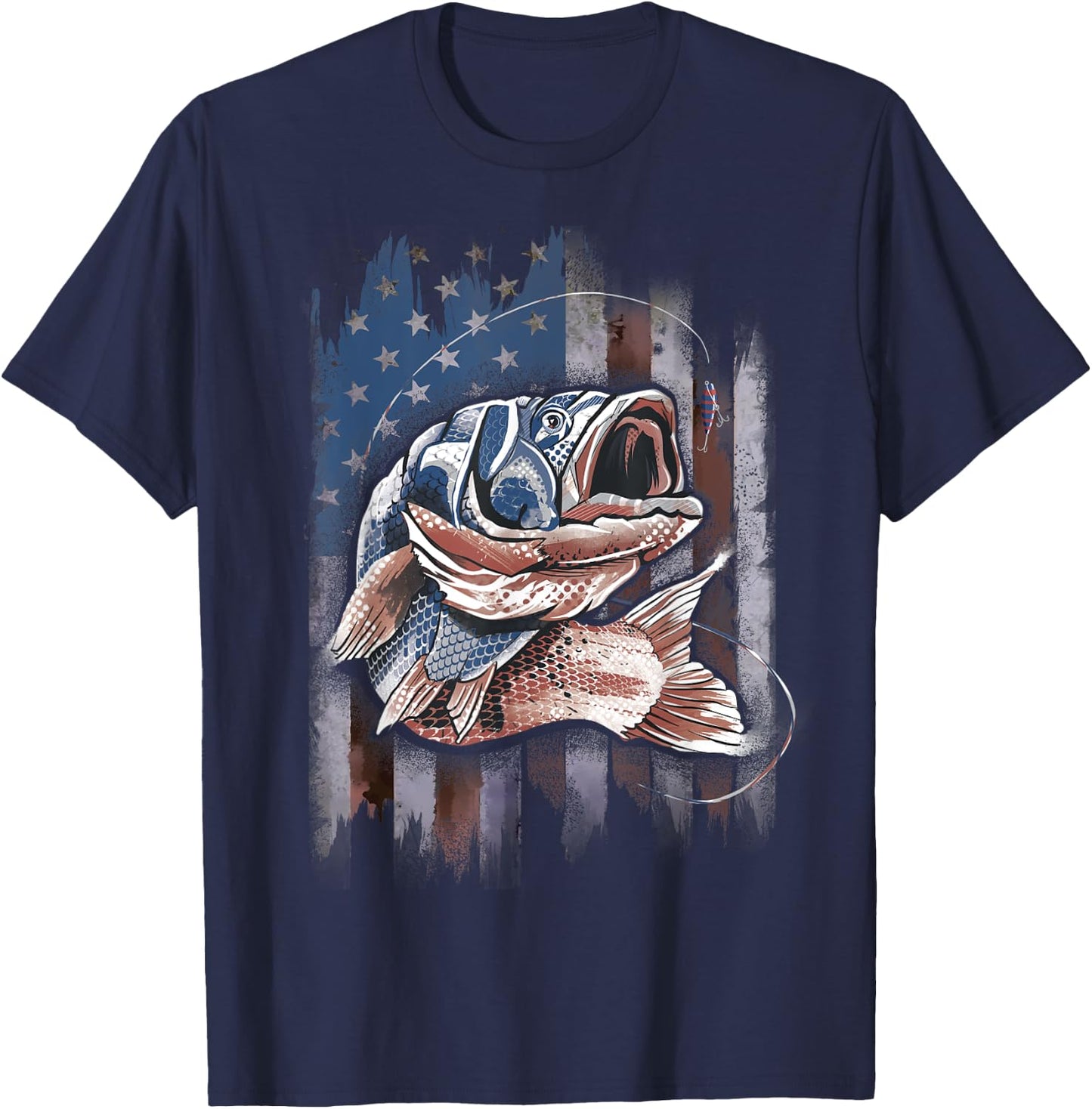 Patriotic Fishing 4th of July Men Amercian Flag Bass Fishing T-Shirt - T-Shirt | Navy