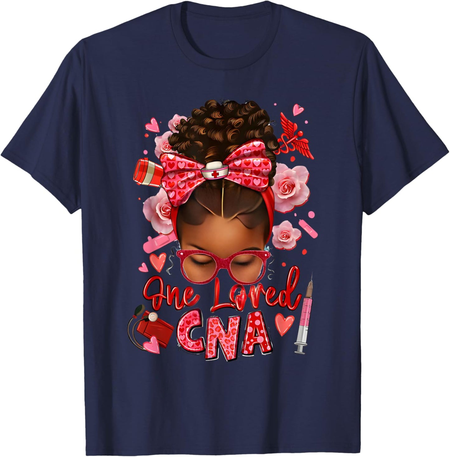 One loved CNA Pink Leopard Afro Messy Bun T-Shirt - T-Shirt | Navy