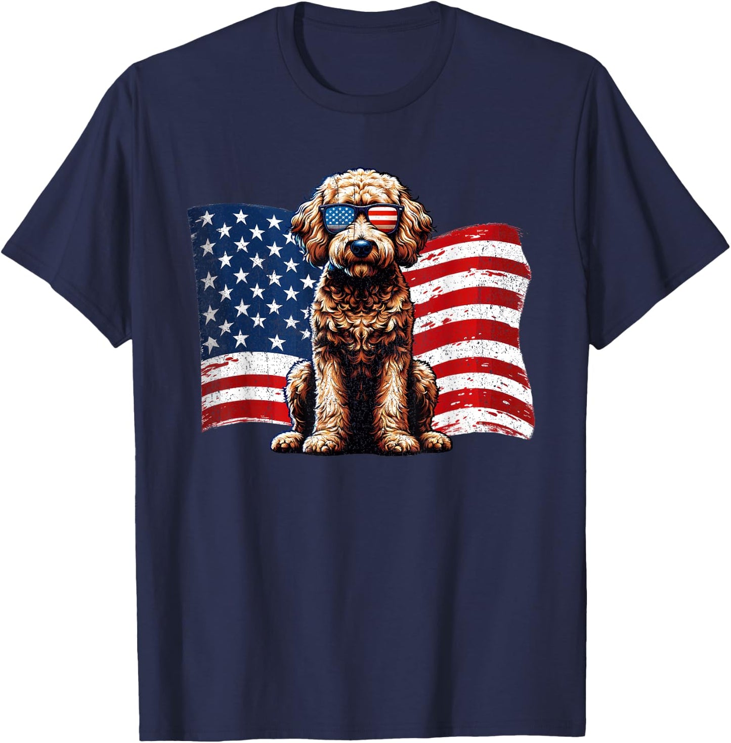 Vintage Labradoodle Dogs American Flag Sunglasses Patriotic T-Shirt - T-Shirt | Navy