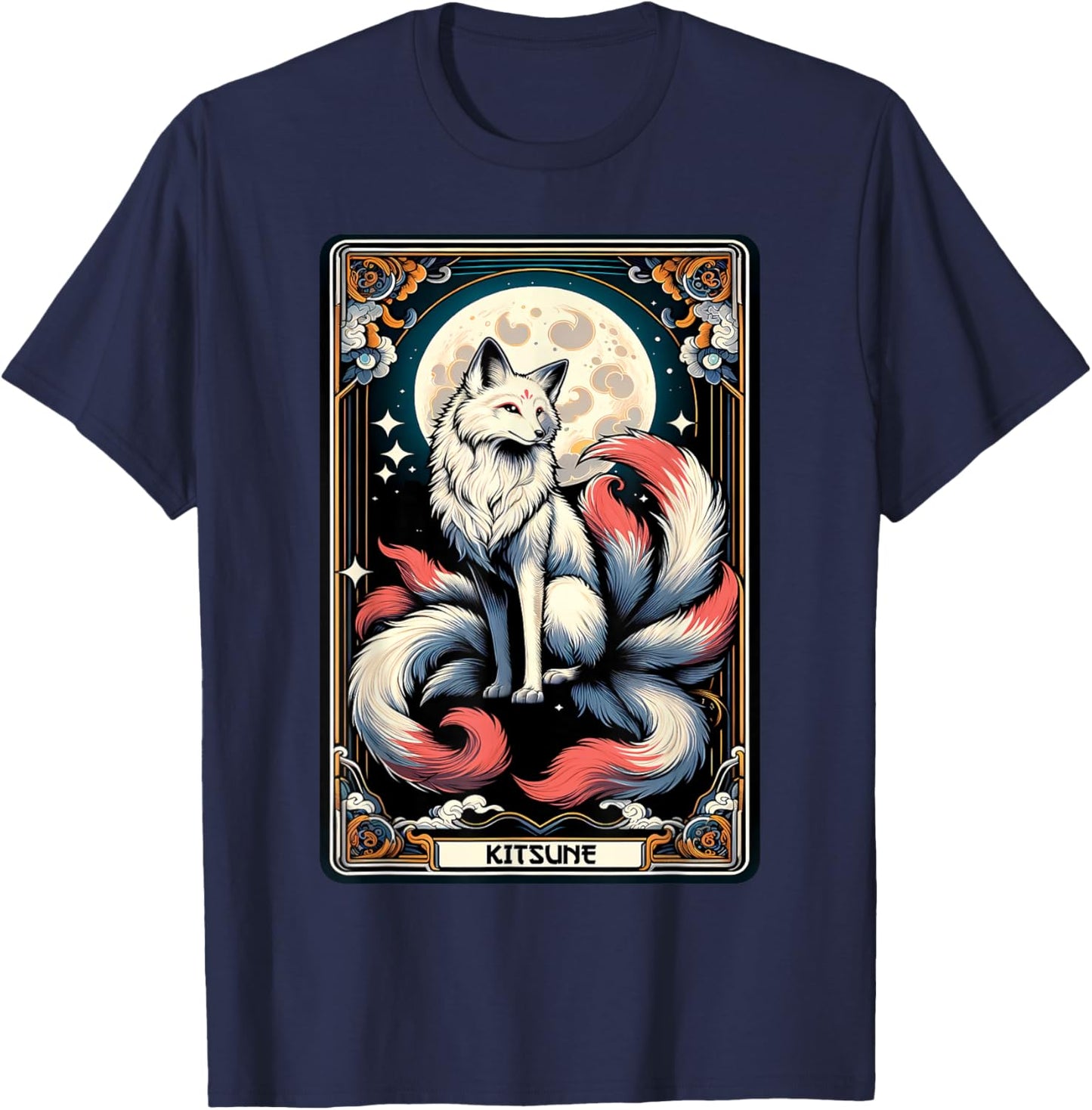 Japanese Kitsune Fox Nine Tailed Fox Tarot Card Anime T-Shirt - T-Shirt | Navy