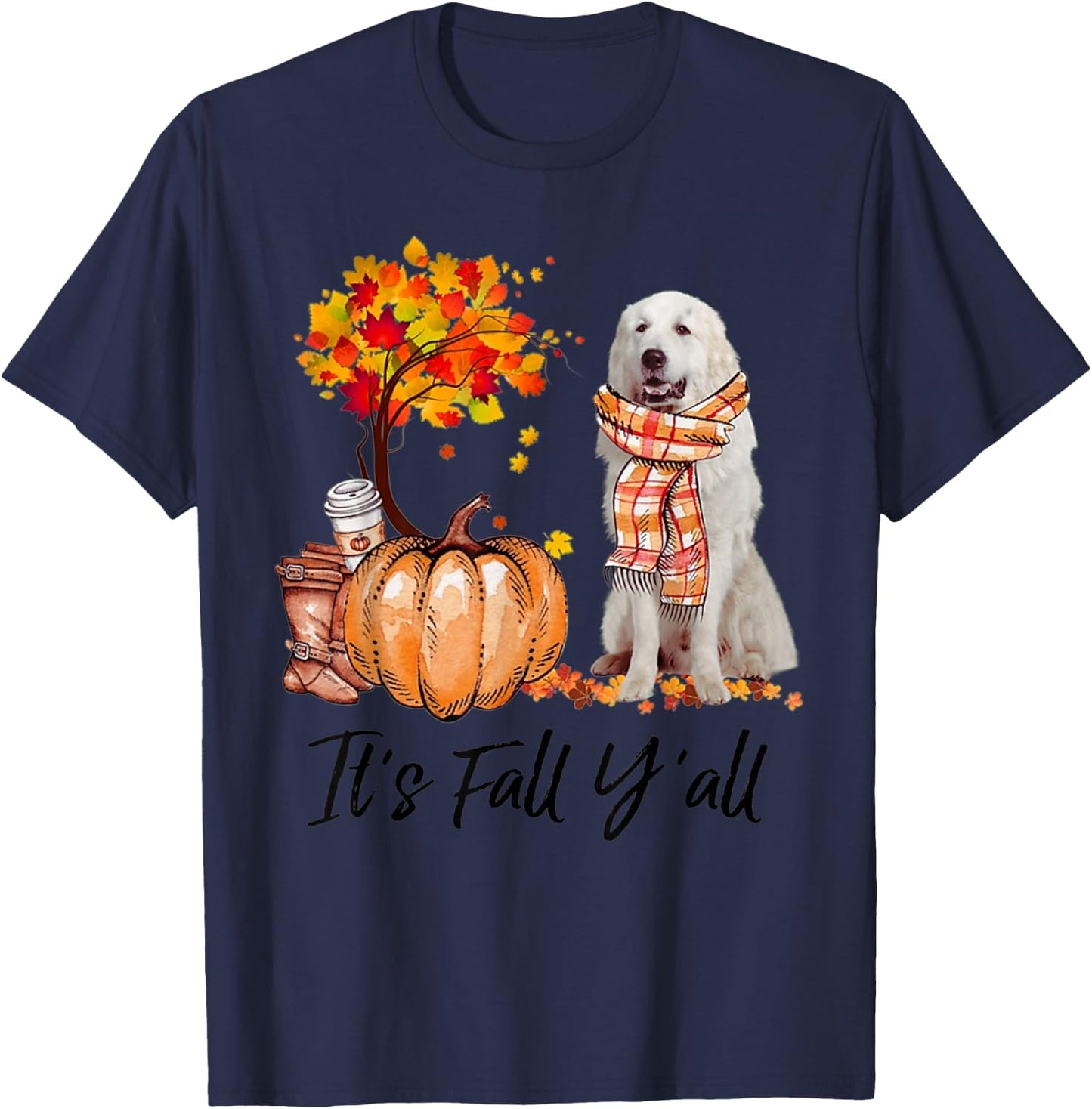 Great Pyrenees It's Fall Y'all Pumpkin Tree Coffee Chocolate T-Shirt - T-Shirt | Navy