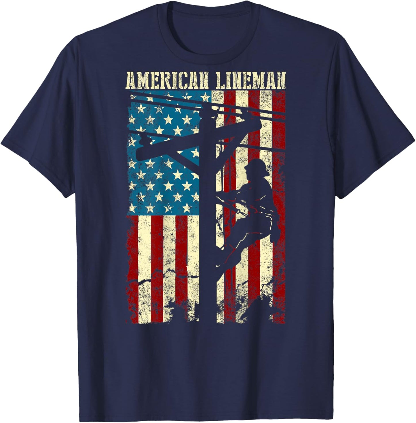 Lineman American Flag Electric Cable Gift Patriotic Lineman T-Shirt - T-Shirt | Navy