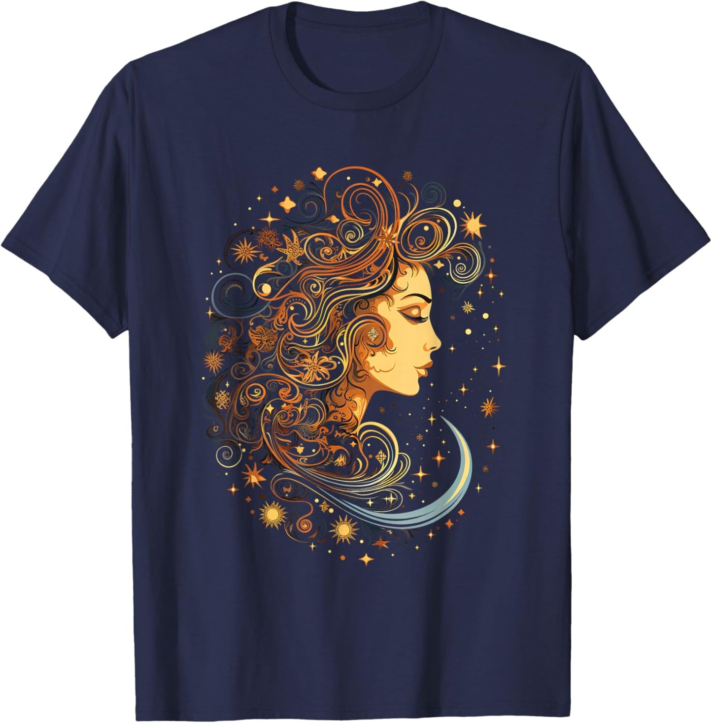Mystic Sun and Moon Woman Mystical Flowers Aesthetic T-Shirt - T-Shirt | Navy