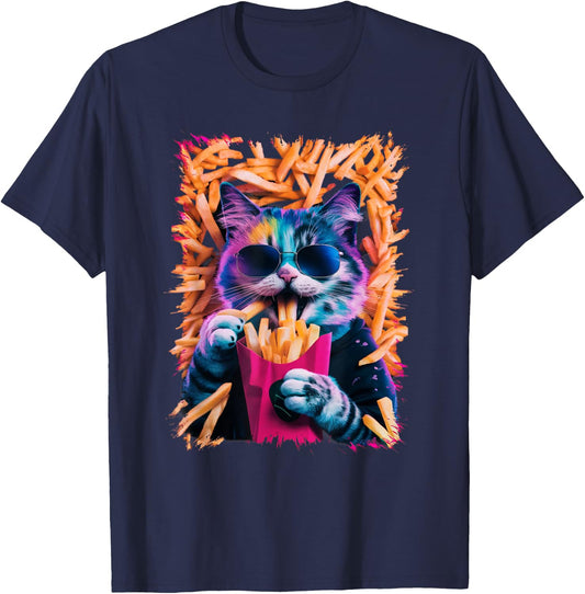 Funny Cat French Fries Humorous Potato Food Lovers Women Kids T-Shirt - T-Shirt | Navy
