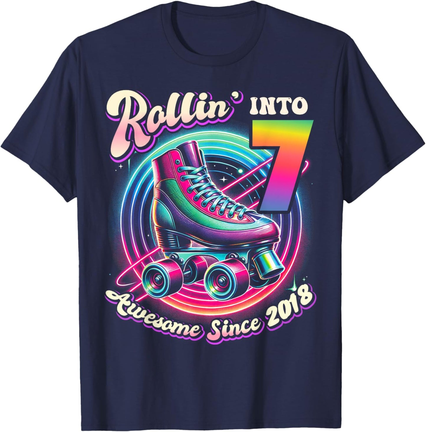 Birthday Roller Skating 7th Girls Rollin into 7 Skate Party T-Shirt - T-Shirt | Navy