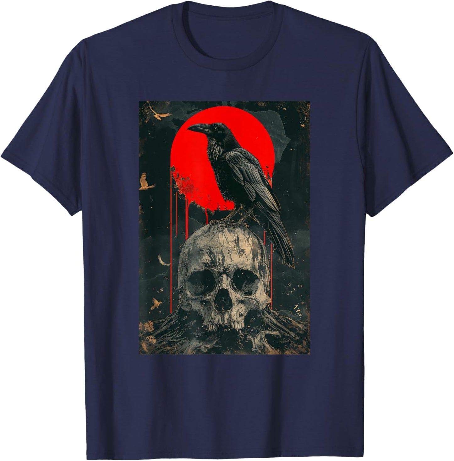 Red Moon Black Gothic Raven Skull Graphic Black Crow T-Shirt - T-Shirt | Navy