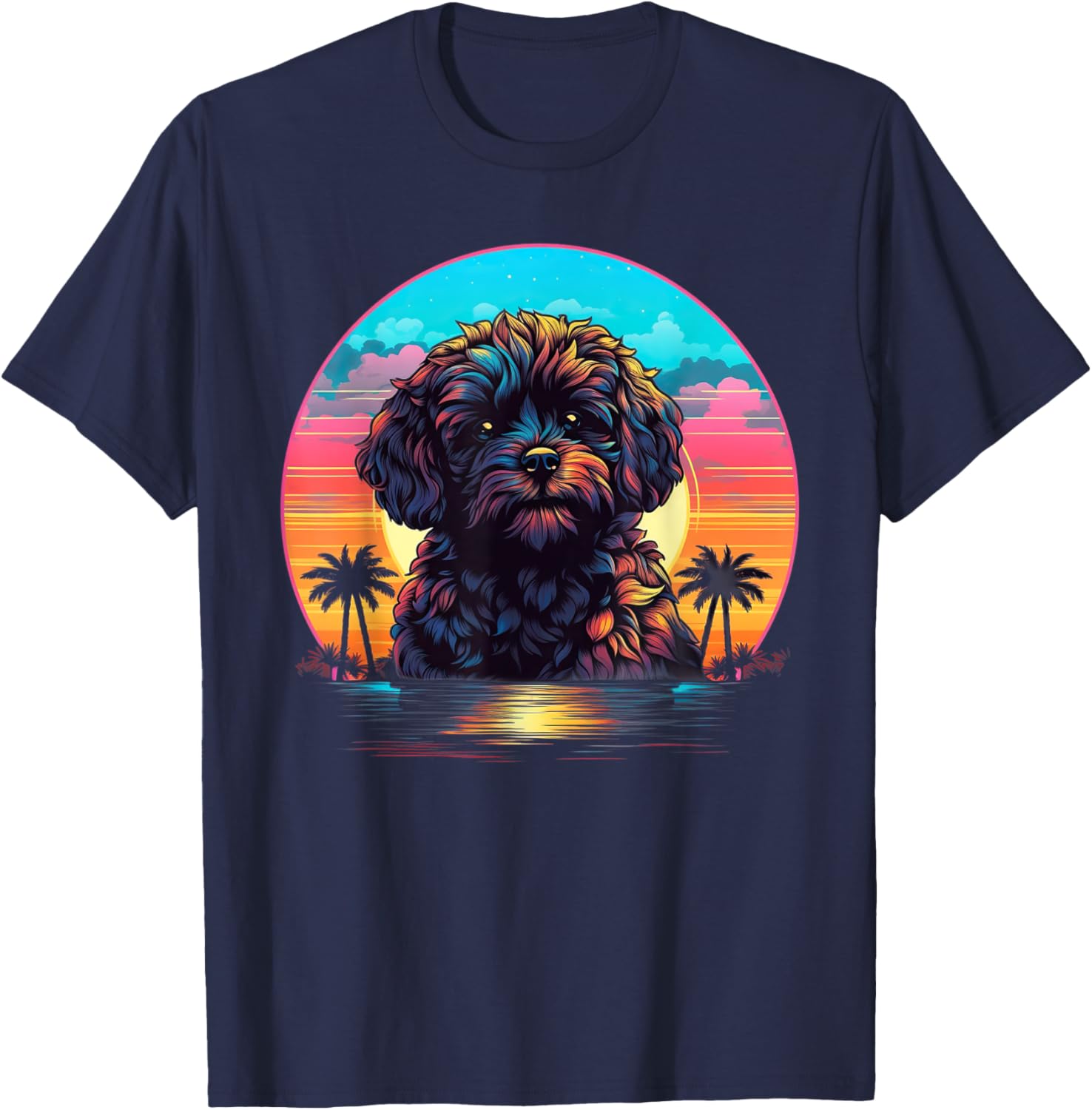 Retro Sunset Shih-Poo Dog T-Shirt - T-Shirt | Navy