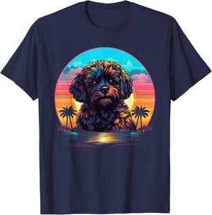 Retro Sunset Shih-Poo Dog T-Shirt - T-Shirt | Navy