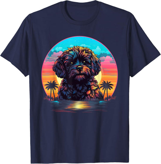 Retro Sunset Shih-Poo Dog T-Shirt - T-Shirt | Navy
