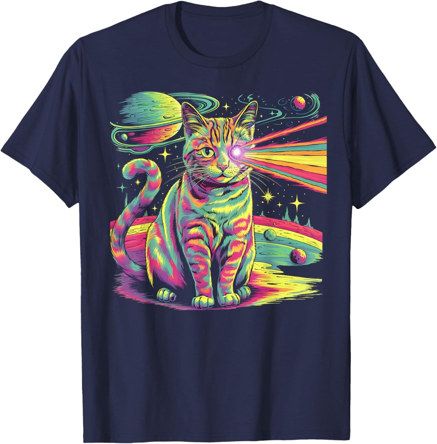 Bunte Psychedelisch Laser Katze | Weltall Planeten T-Shirt - T-Shirt | Navy